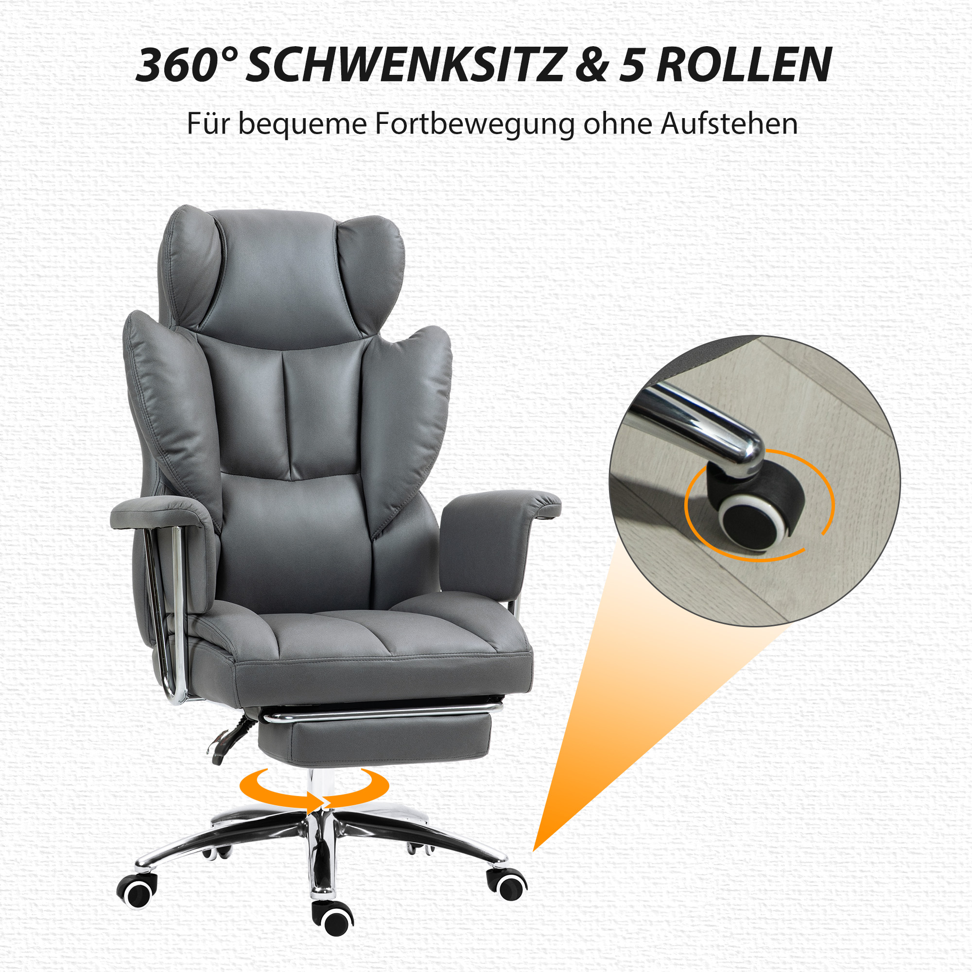 ergonomischer Bürostuhl, gepolstert, mit Fußstütze, verstellbarer Lehne, 360° drehbar, Dunkelgrau