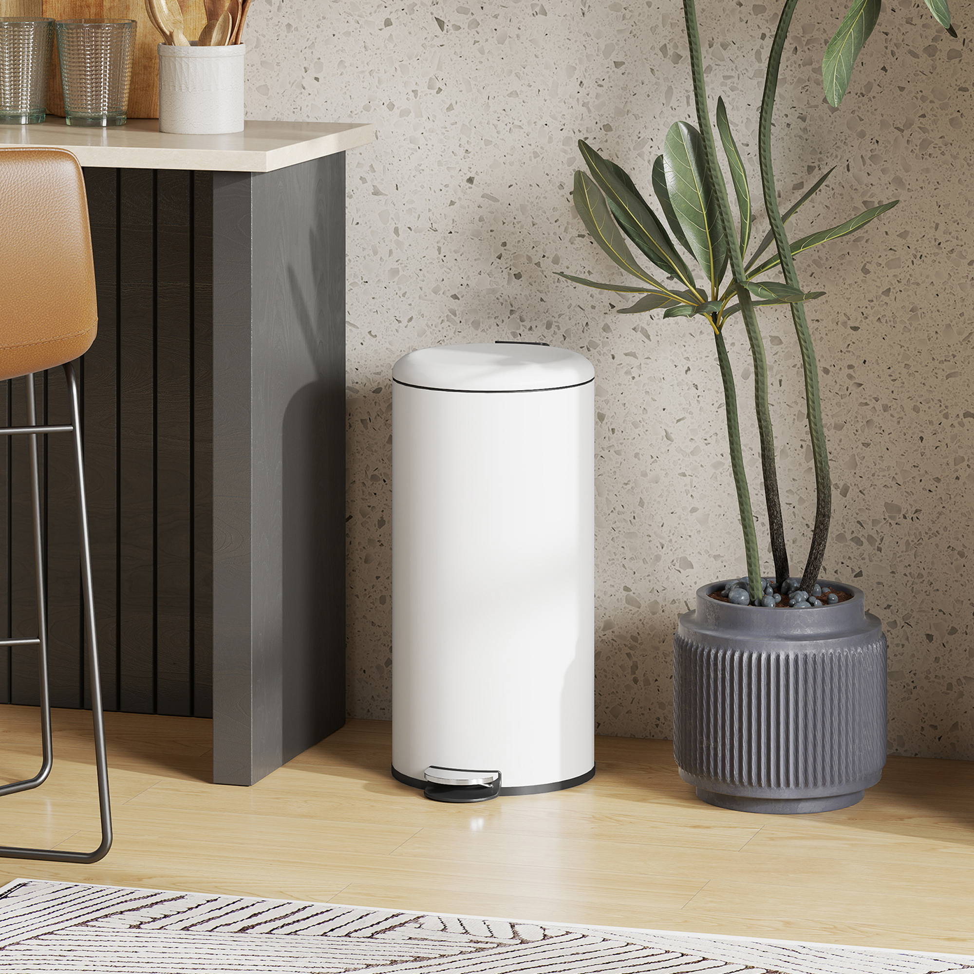 Mülleimer 30L, Treteimer, einrastbarer Deckel, Pedal, fleckenresistent, Cremeweiß