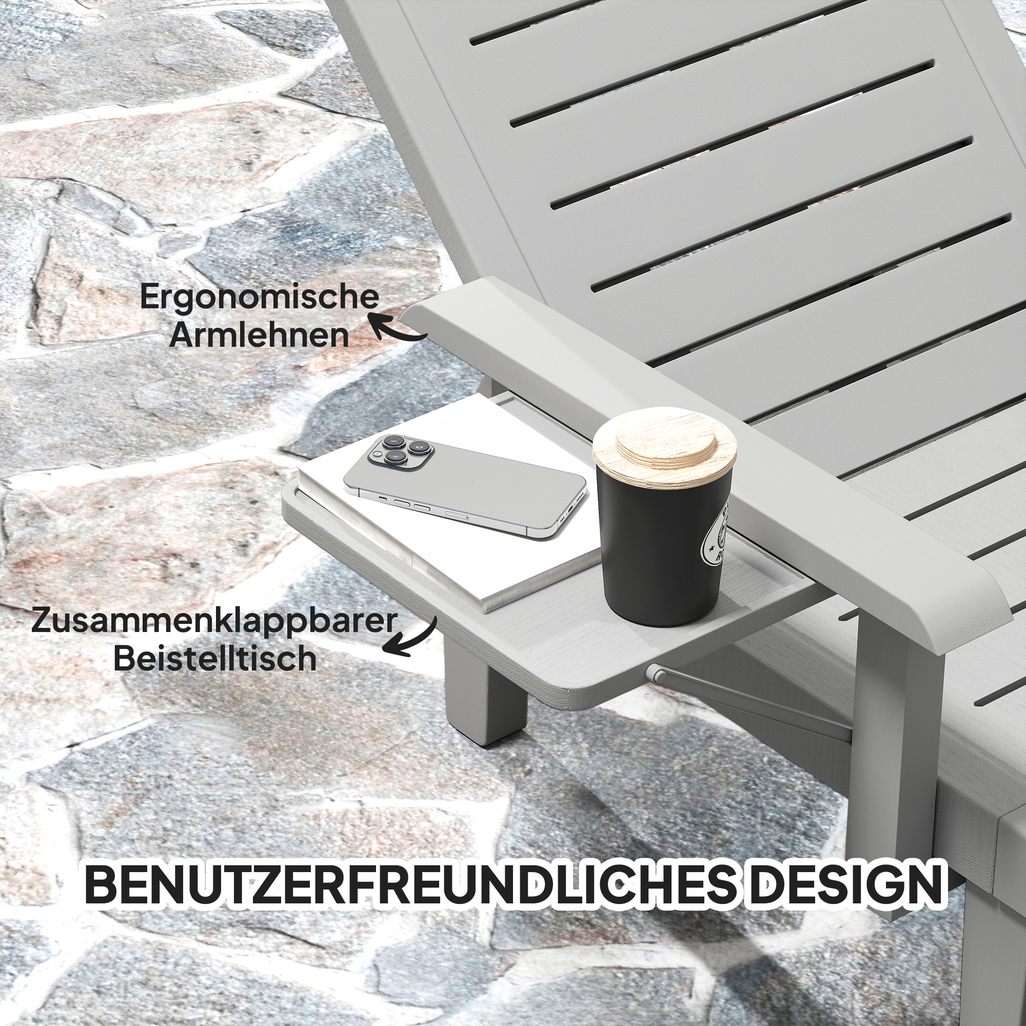 Sonnenliege Gartenliege mit Seitentisch Holzoptik Liegestuhl mit 5-Fach verstellbare Rückenlehne Hellgrau