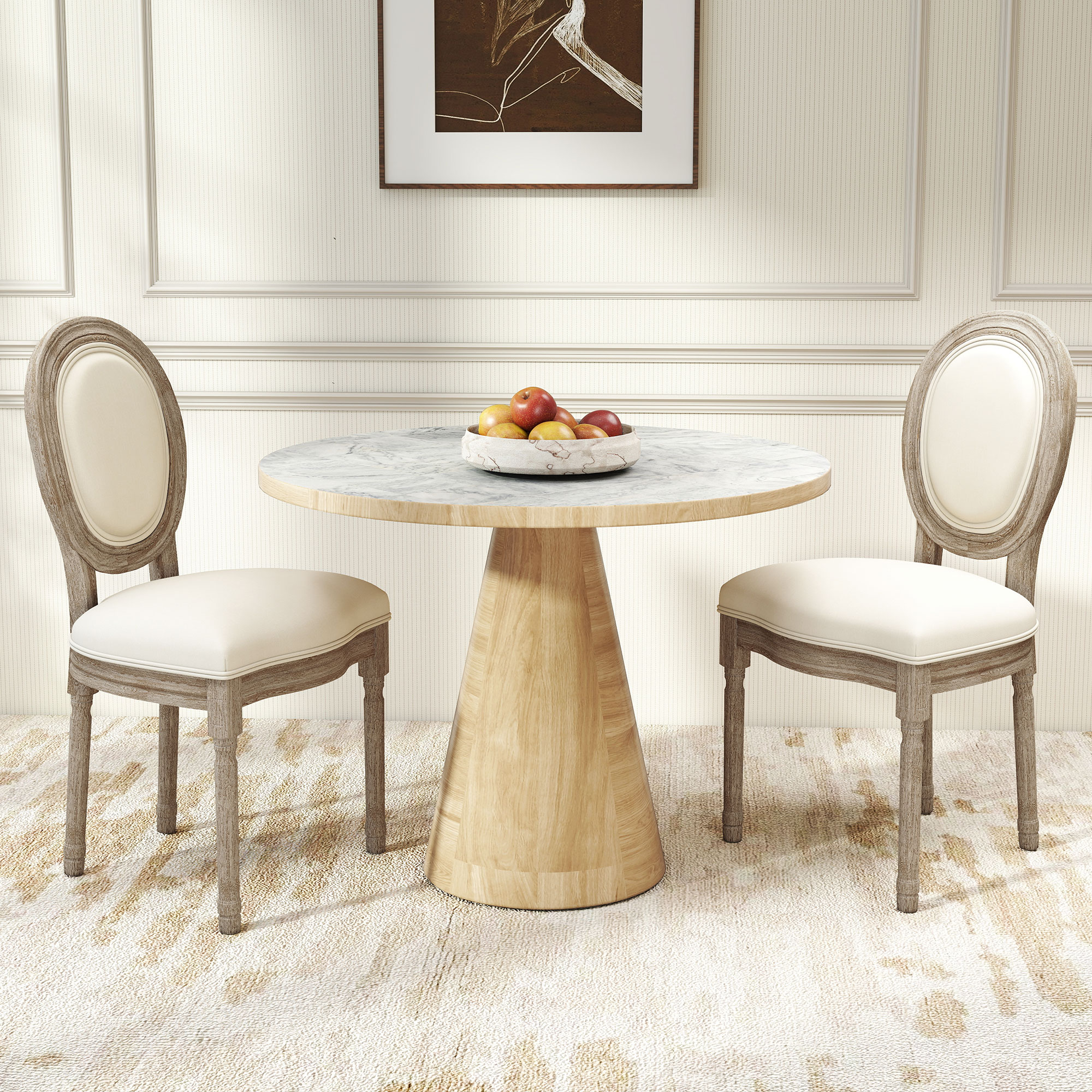 Esszimmerstühle 2er Set Küchenstuhl mit Rückenlehne, Linenoptik, Sessel Polsterstuhl, Stühle, Wohnzimmerstuhl mit Holzbeine für Esstisch, Cremeweiß+Natur