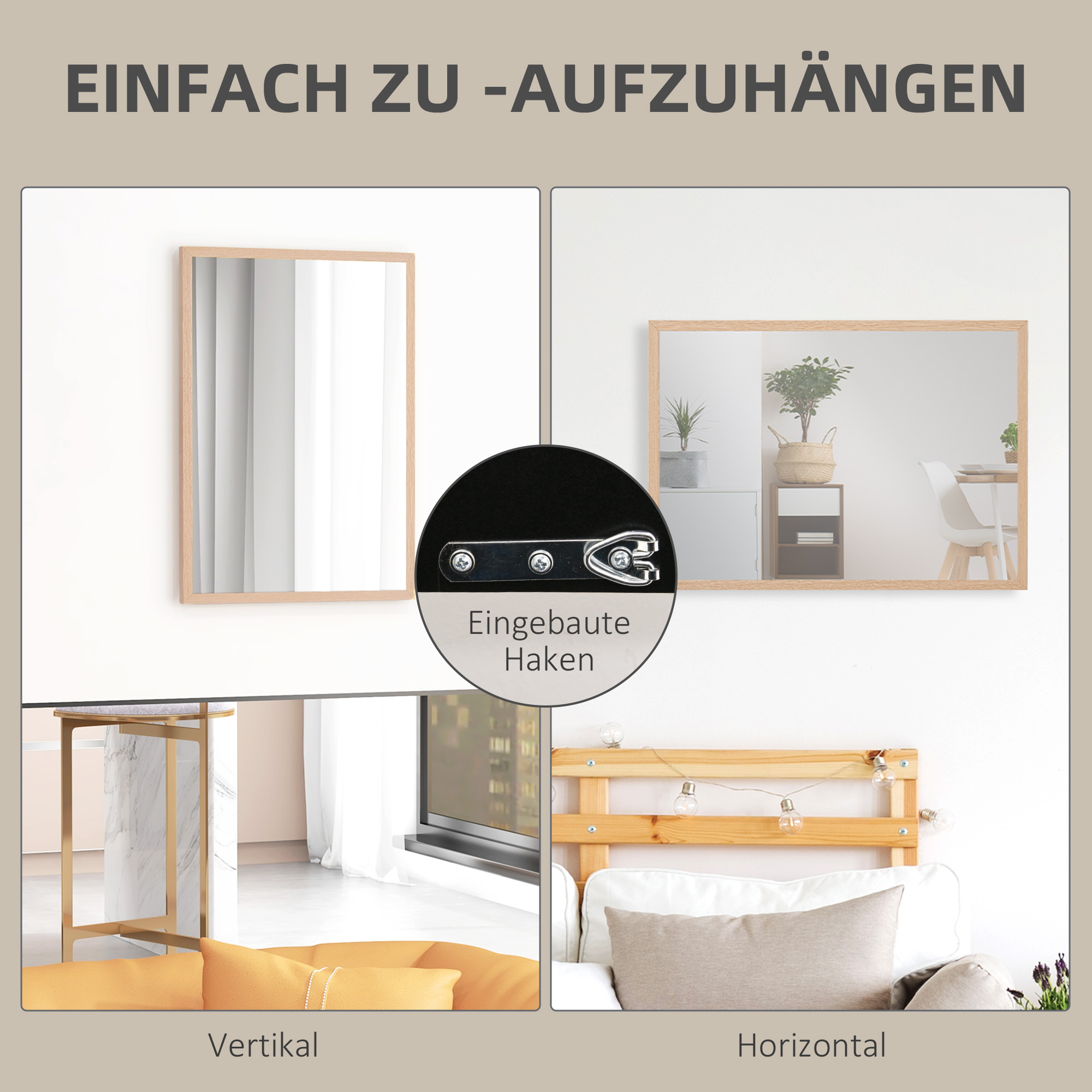 Wandspiegel, 50 x 70 cm, Rahmen in Holzoptik, einfache Montage, inkl, Schrauben