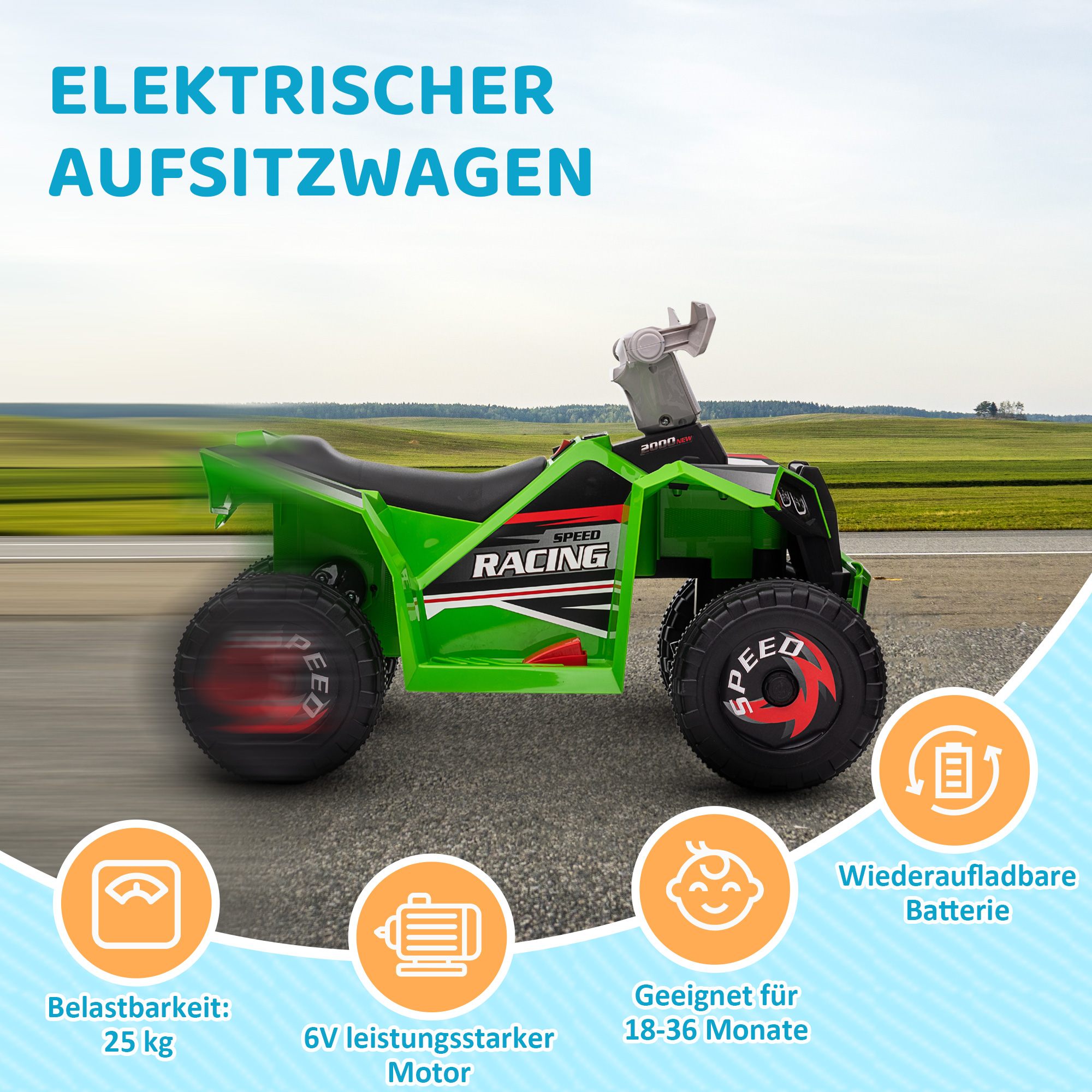 Elektro-Kinderquad, 2,5 km/h, Vorwärts- & Rückwärtsgang, für 18-36 Monate, Grün