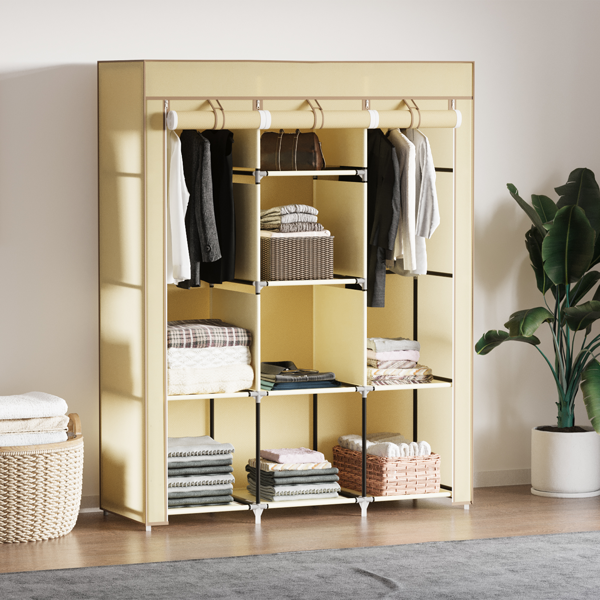 Schrank aus Stoff, Aufbewahrungslösung, 8 Regale, 2 Kleiderstangen, Beige