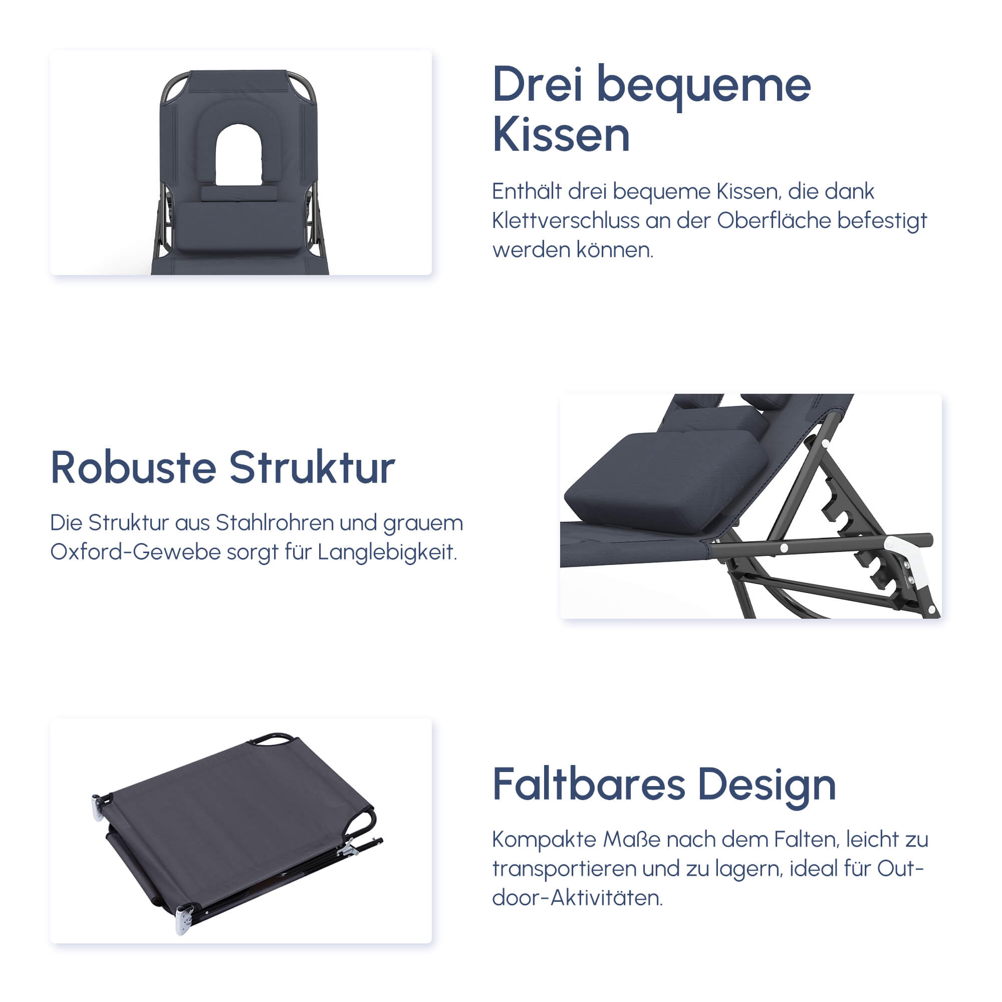 Sonnenliege klappbar Gartenliege mit Kopfkissen Liegestuhl mit 4-Fach verstellbare Rückenlehne Campingliege mit Lesefenster Gartenstuhl bis 120kg belastbar für Garten, Balkon Grau