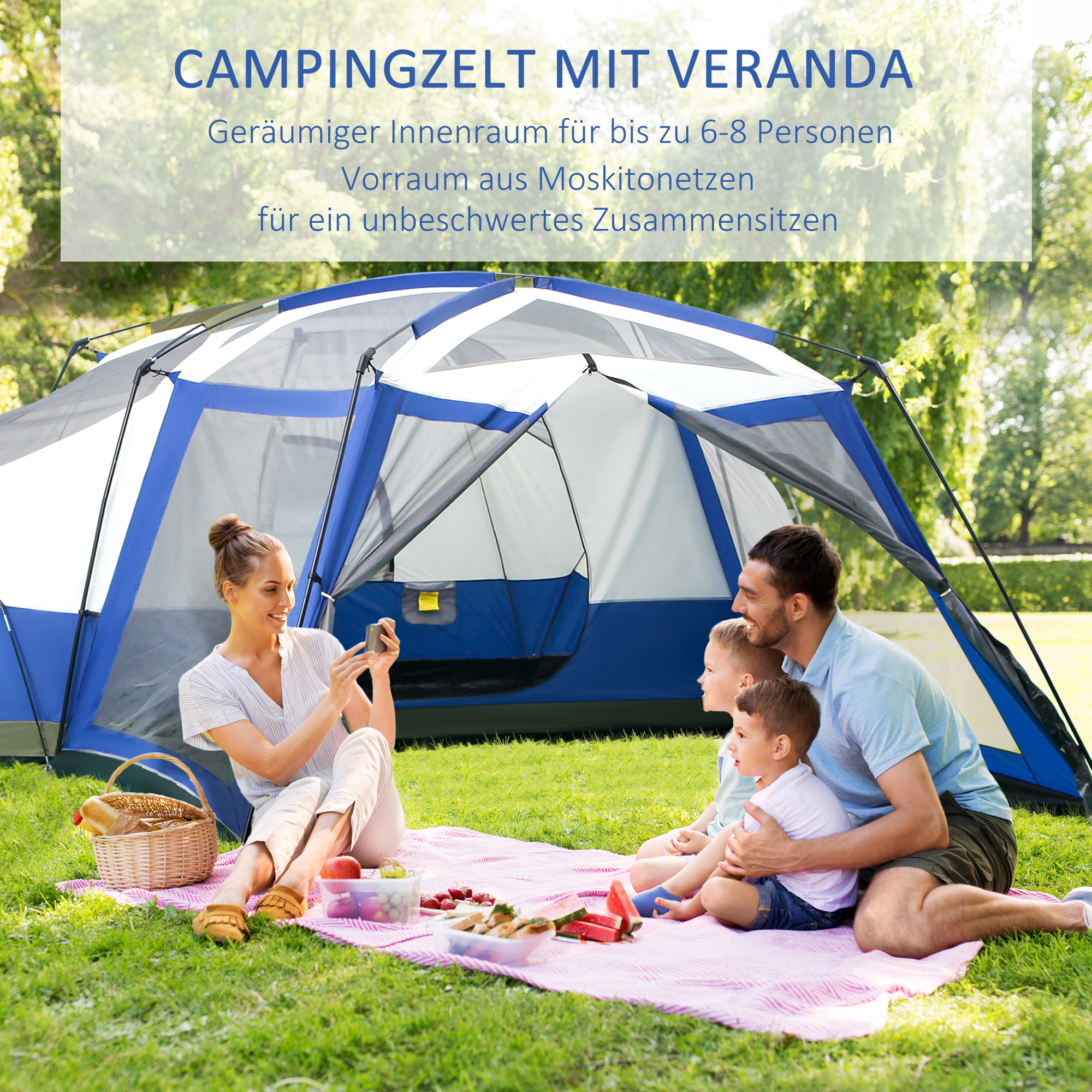 Camping Zelt 6-8 Personen Zelt Familienzelt mit Vorraum 2 Fenster Kuppelzelt Kunstleder3000mm für Trekking Festival Glasfaser Blau 518 x 487 x 237 cm