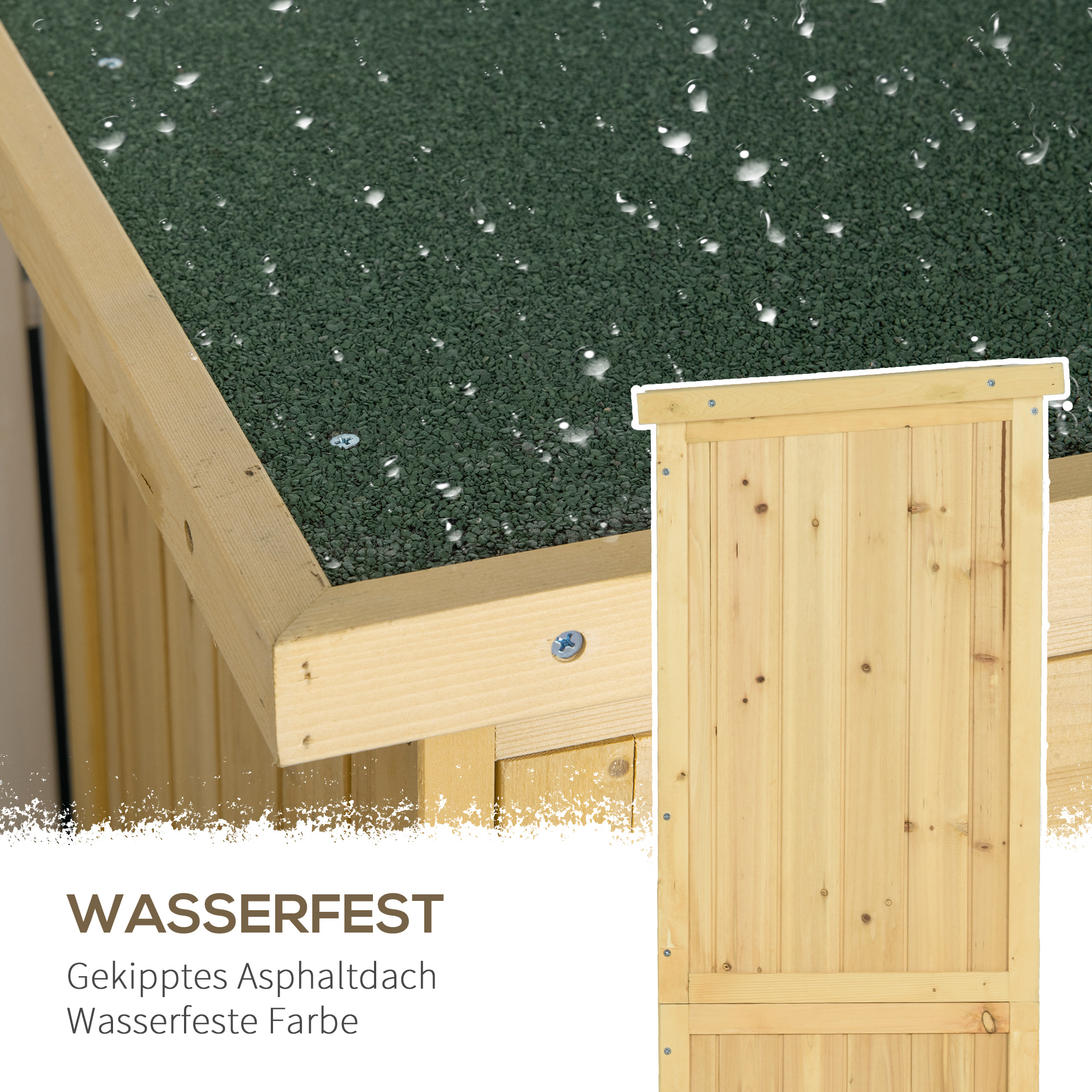 Gartenschrank Holz Geräteschuppen Gerätehaus mit Asphaltdach Lamellentür Geräteschrank Schuppen Garten 4 Fächer Naturholz 87 x 46,5 x 160 cm