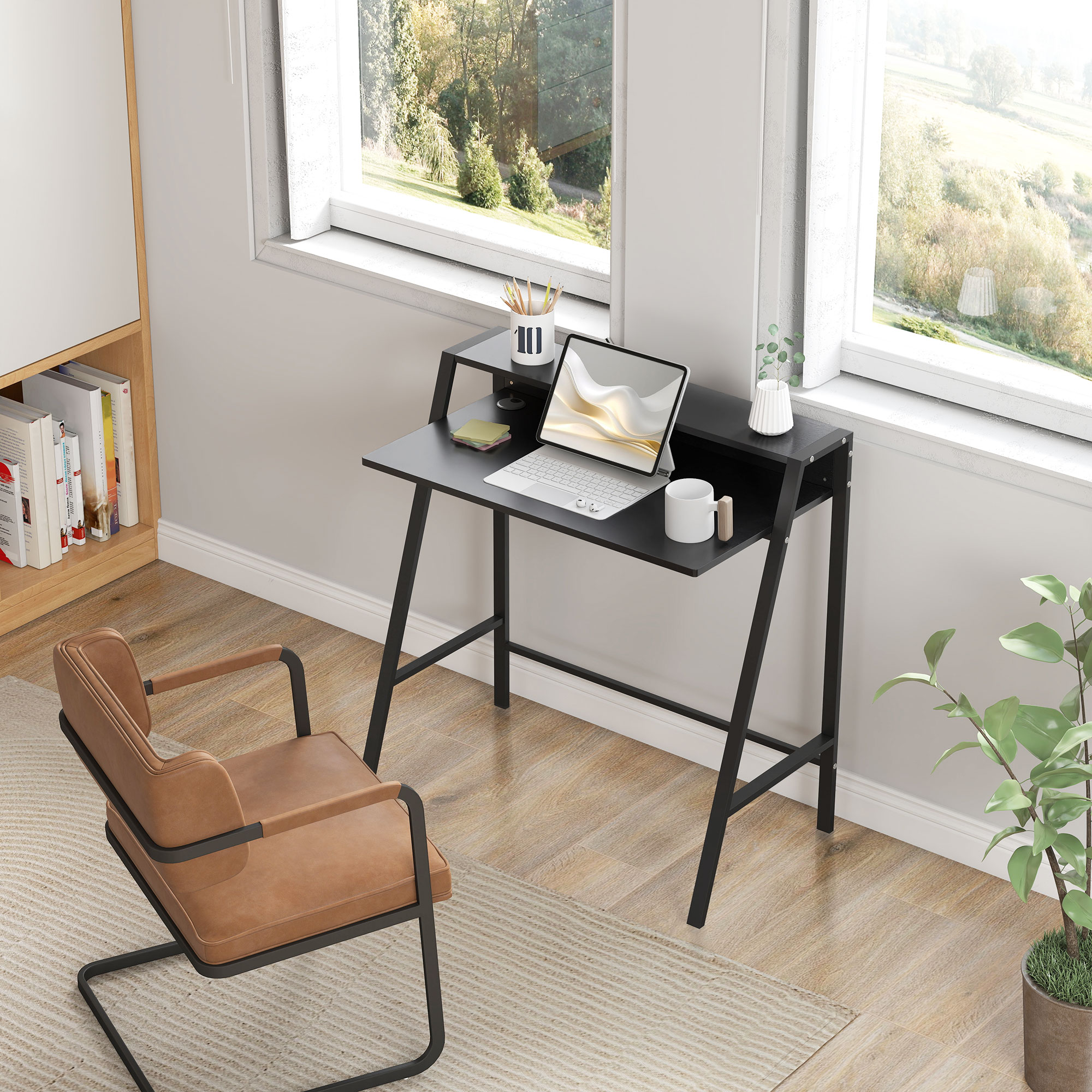 Schreibtisch, Computertisch mit Ablage und Kabel Management, moderner Schreibtisch mit Metallgestell für Arbeitszimmer, Schlafzimmer, Home Office, 84 x 45 x 85 cm, Schwarz