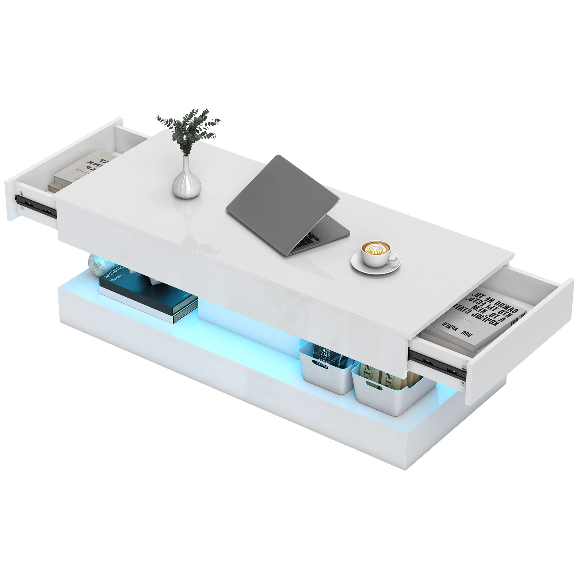 Wohnzimmertisch mit Schubladen und LED-Lichtern, moderner Sofatisch mit offener Ablage, Couchtisch, Spanplatte, Weiß