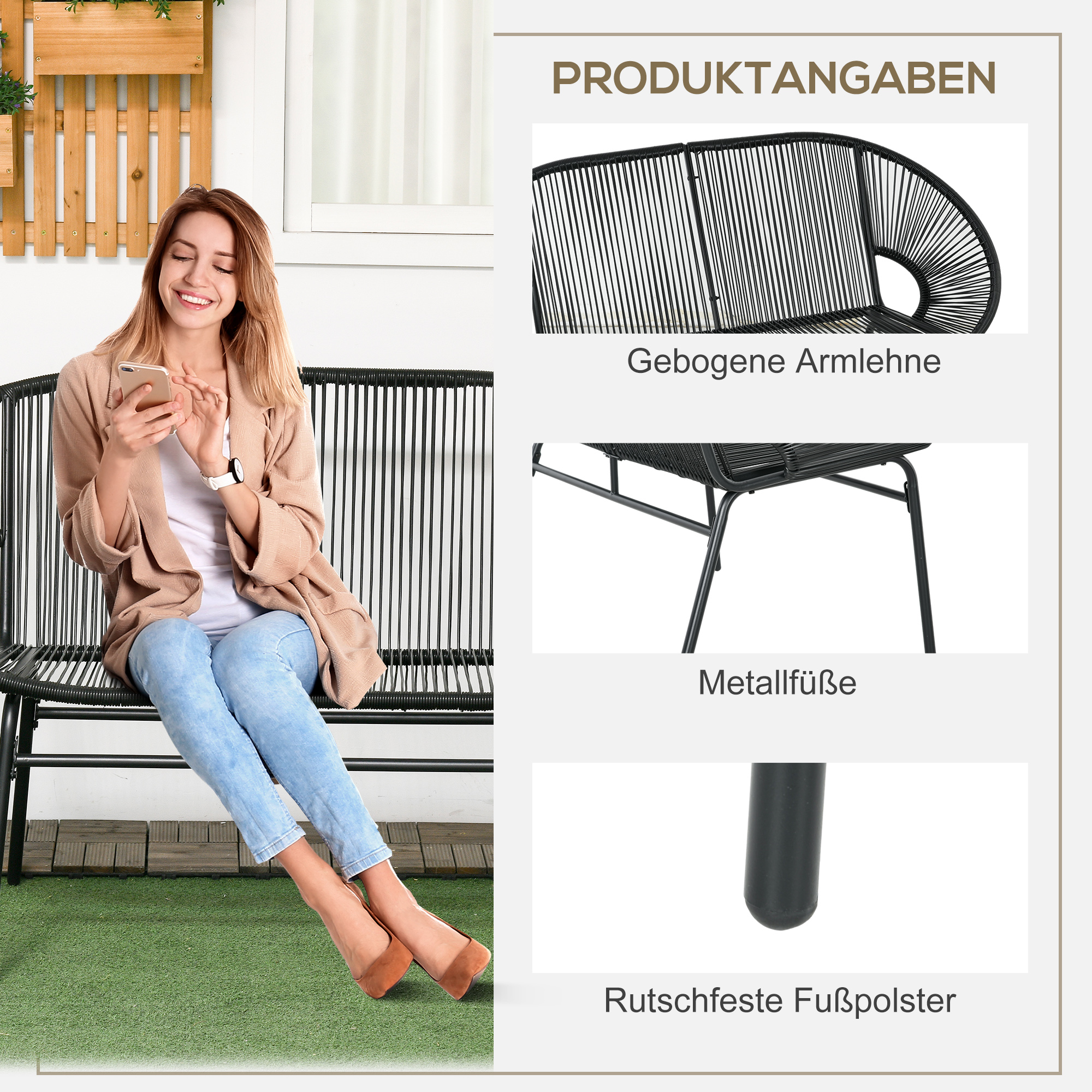 Rattansessel Relaxsessel im Boho-Stil, 132 cm x 72 cm x 83 cm, Schwarz