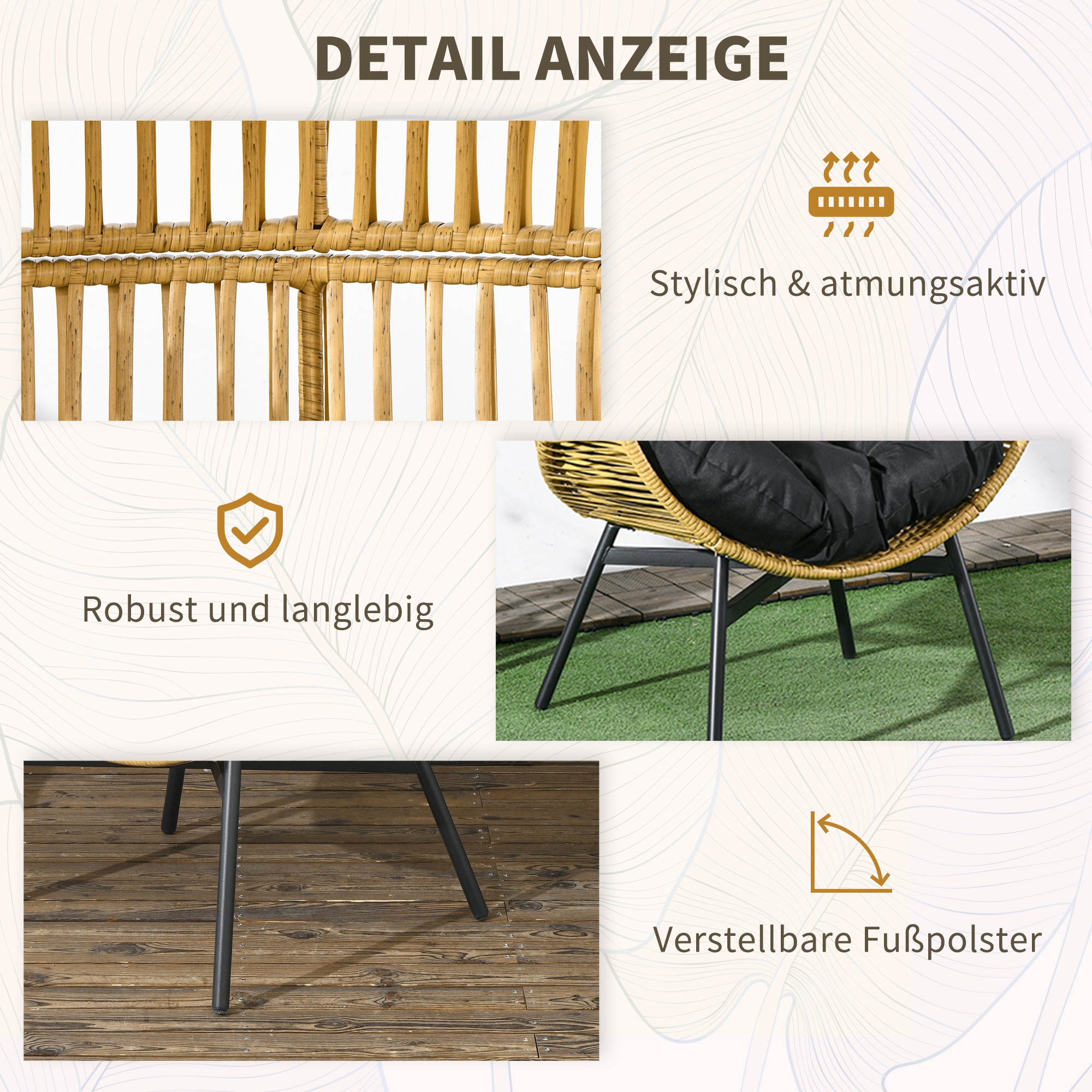 Rattansessel Outdoor-Sessel Gartensessel, PE-Rattan, 89 cm x 75 cm x 143 cm, Natur + Schwarz