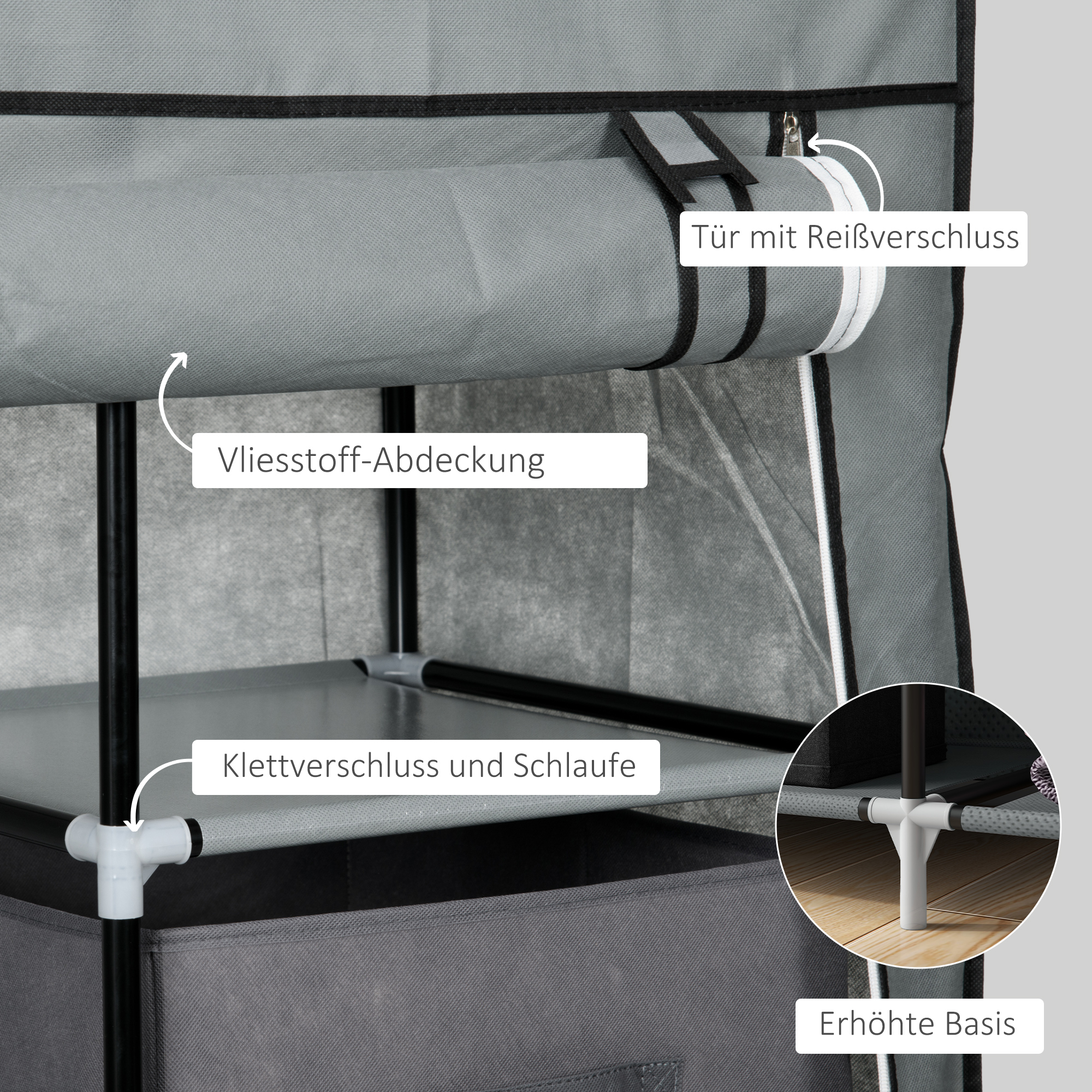 Stoffschrank Kleiderschrank faltbarer Schrank, 1 Kleiderstange, 6 Regalböden, 102 x 42,5 x 162,5 cm, Grau