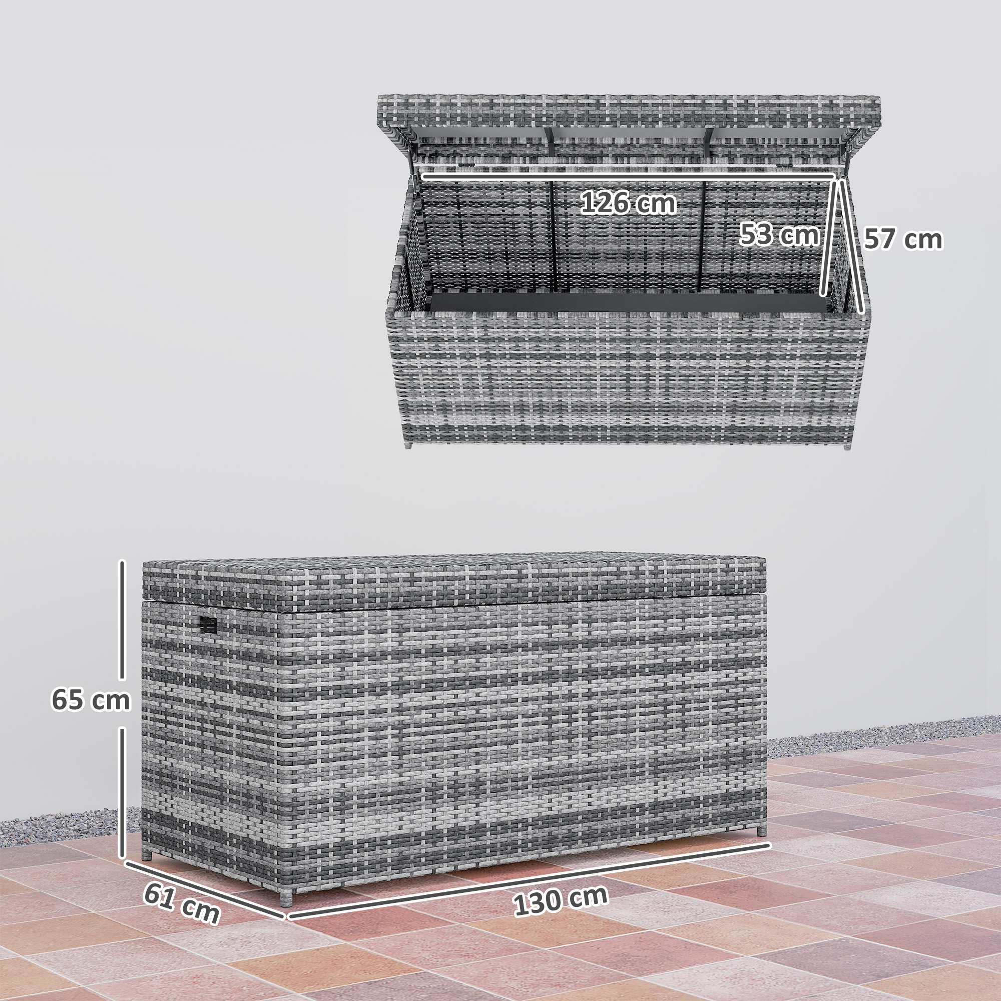 Rattan Auflagenbox 380L wetterfest Kissenbox mit Deckel Stauraum UV-beständig 130 x 61 x 65 cm Dunkelgrau
