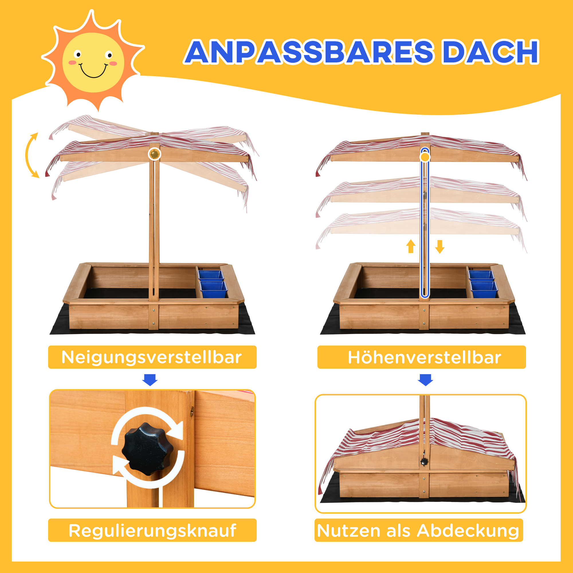 Sandkasten Sandkiste Holz Bodenloses Design Matsch-Bereich für Kinder 3-7 Jahre Sandkasten mit Abdeckung Dach für Garten Terrasse Strand Outdoor Gelb 107,5 x 107,5 x 110 cm