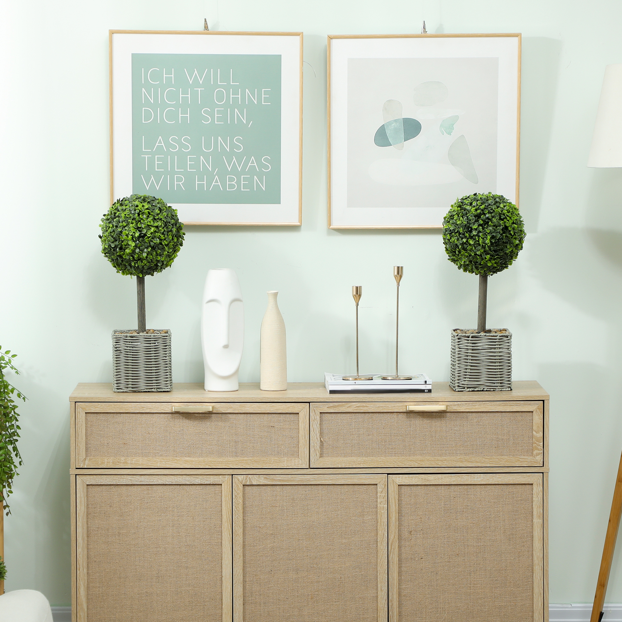 2er-Set künstliche Pflanzen, UV-beständige Kunstbäume im Topf, für drinnen und draußen geeignet, Kunststoff, Zement, Grün