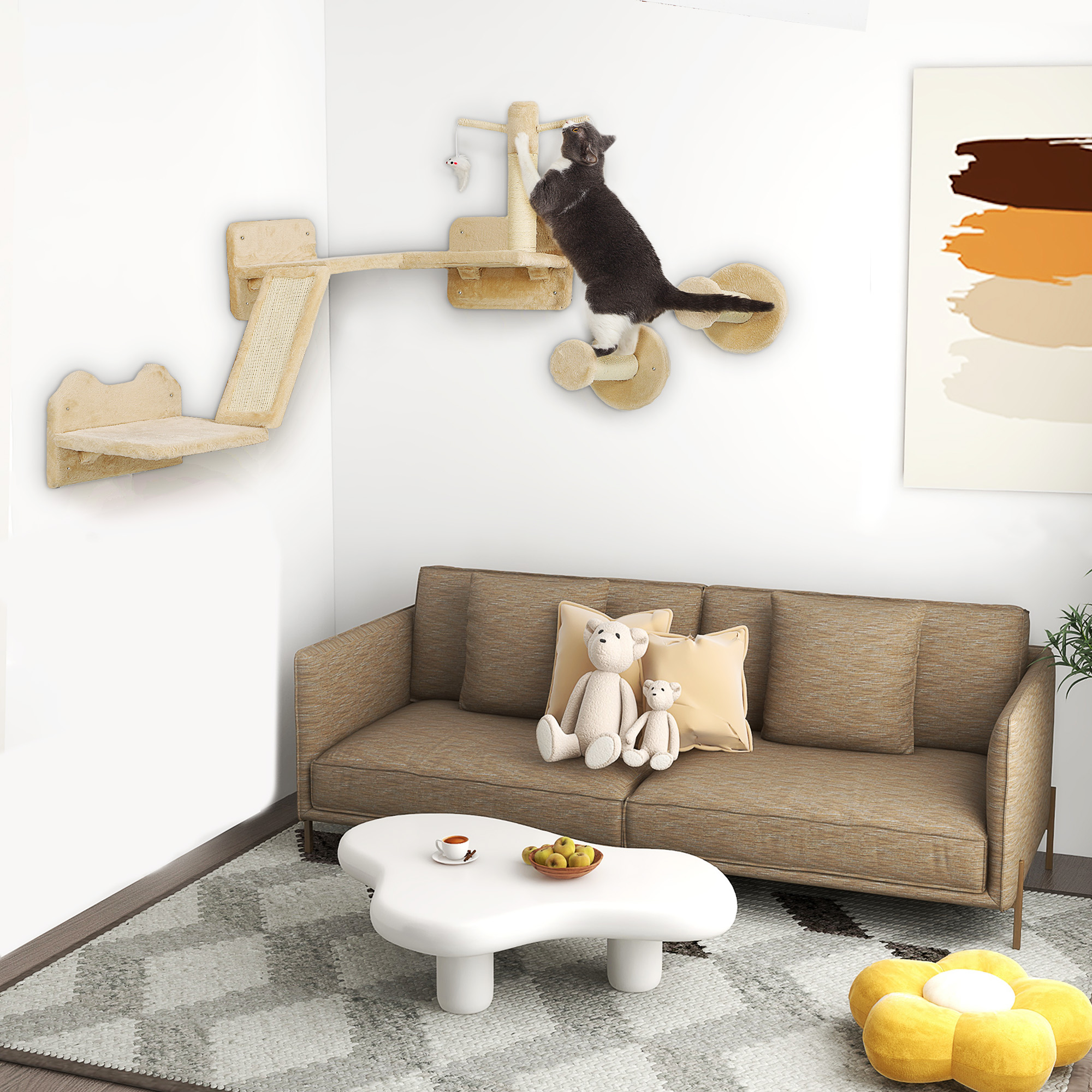 Katzen Kletterwand Set mit Kratzpfosten, Sprungplattformen und Spielbällen, zum Klettern und Ausruhen, Beige