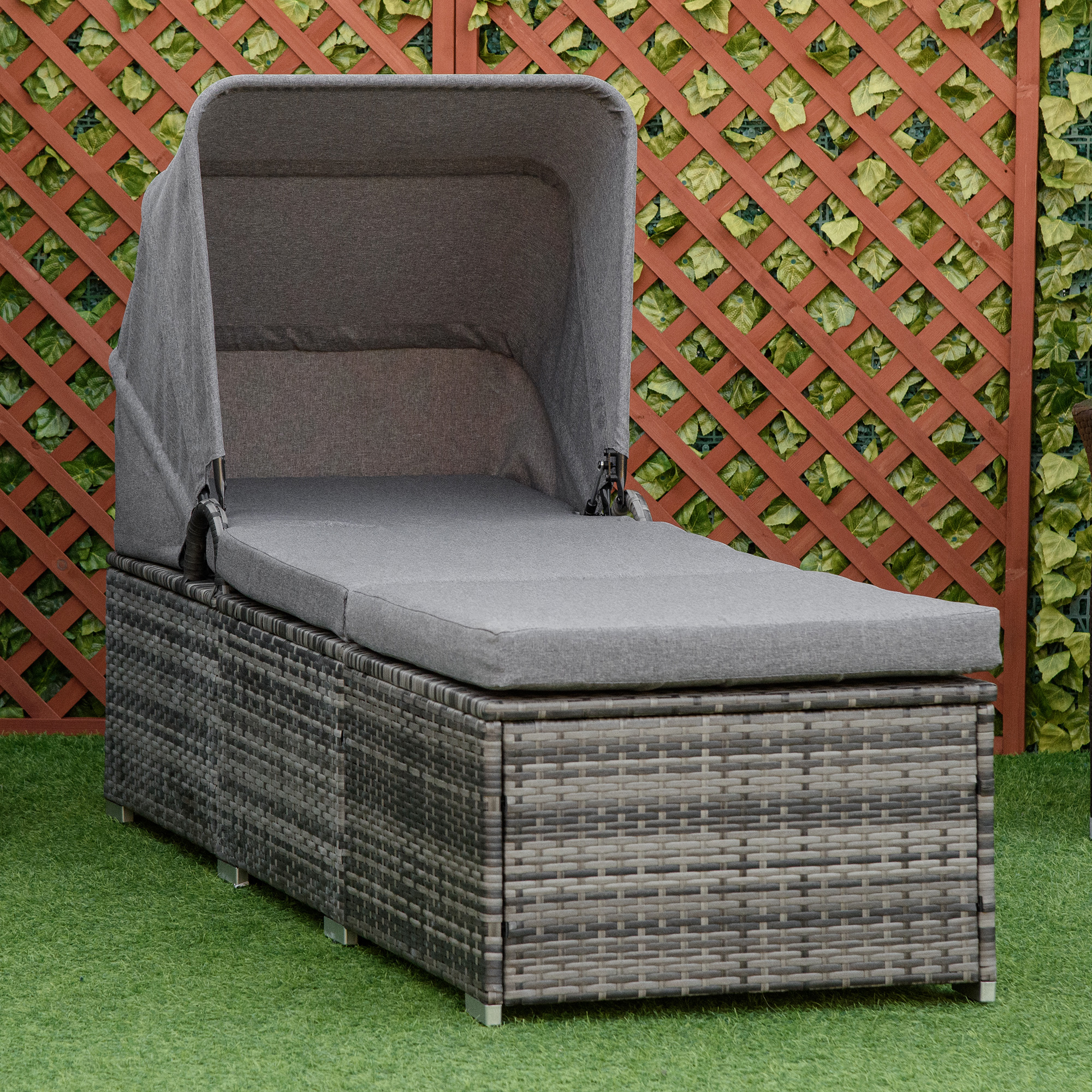 Sonnenliege aus Polyrattan mit Sonnendach Gartenliege verstellbar Rattanliege Gartenmöbel Liege mit Kissen Grau 195 x 65 x 40 cm