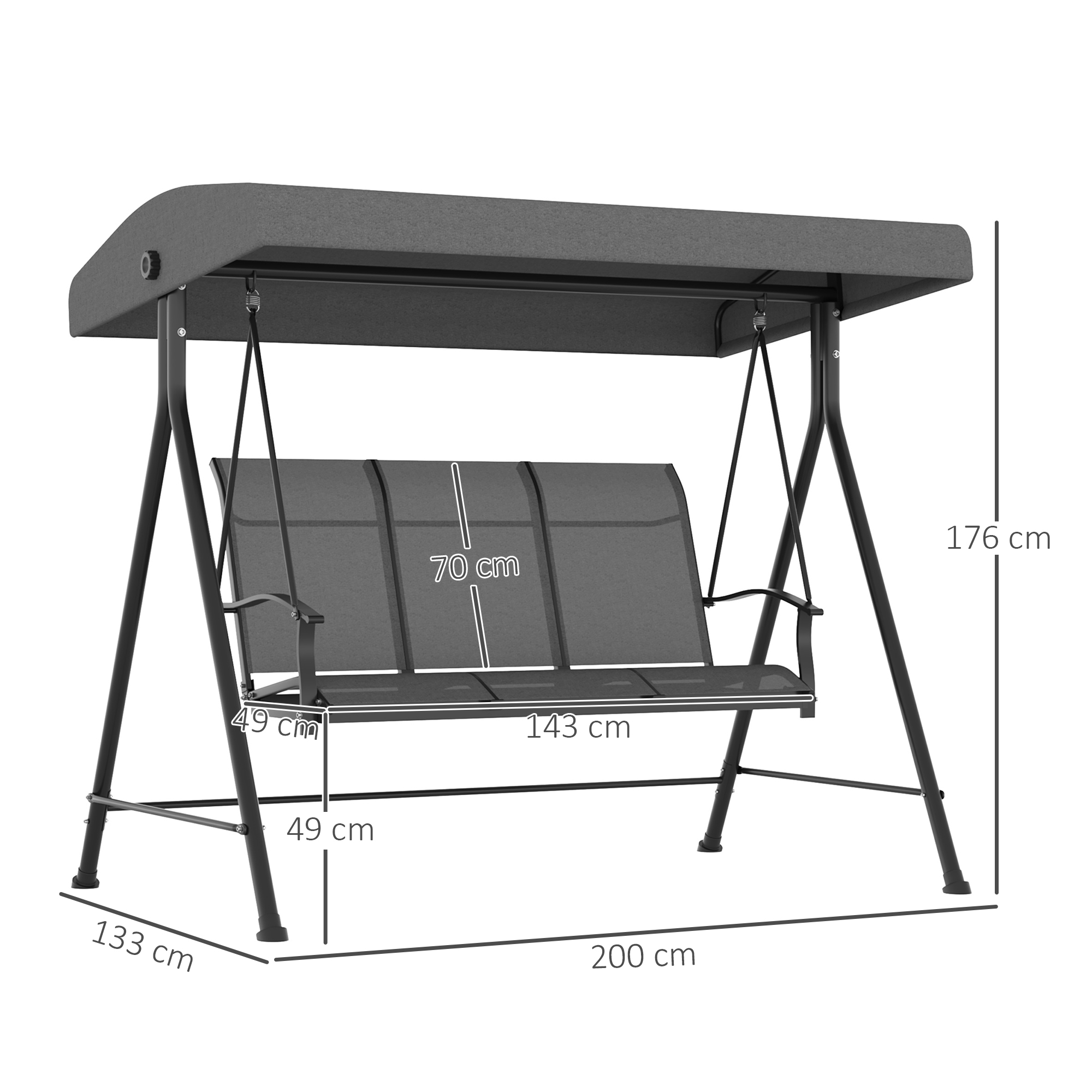 Hollywoodschaukel, für 3 Personen, verstellbares Sonnendach, bis 240 kg, dunkelgrau, 200 x 133 x 176 cm
