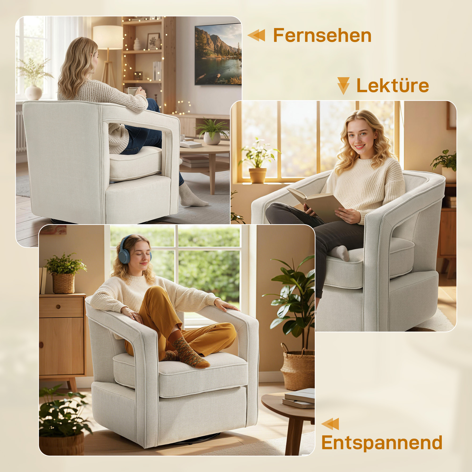 Sessel Wohnzimmer 360° drehbar Loungesessel Relaxsessel mit einteilig Rückenlehne und Armlehnen 77 x 75 x 72 cm Beige