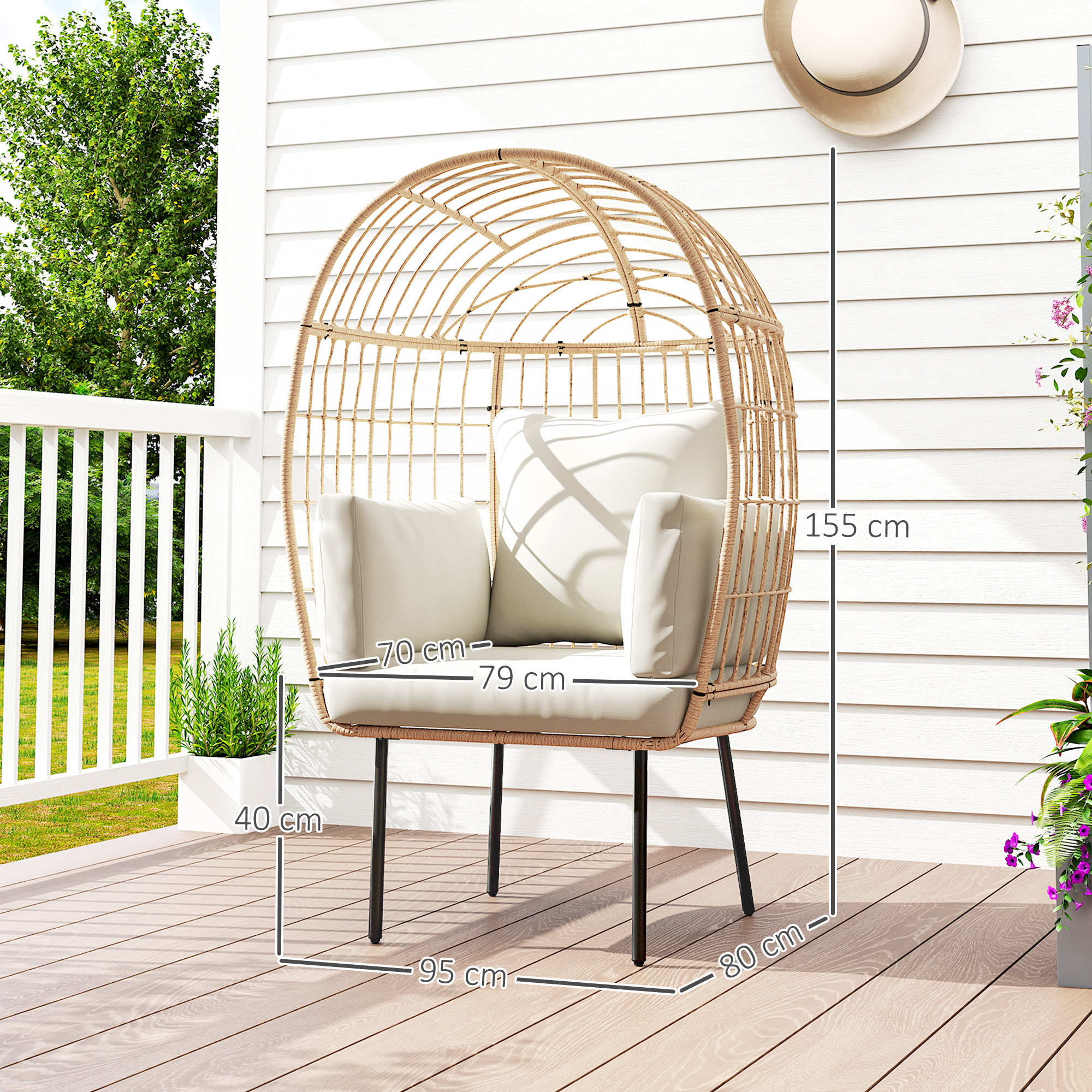 Rattansessel Ei-Förmig mit abnehmbarem Kissen, Polster, Outdoor Sessel aus Rattan 95 x 80 x 155 cm Beige