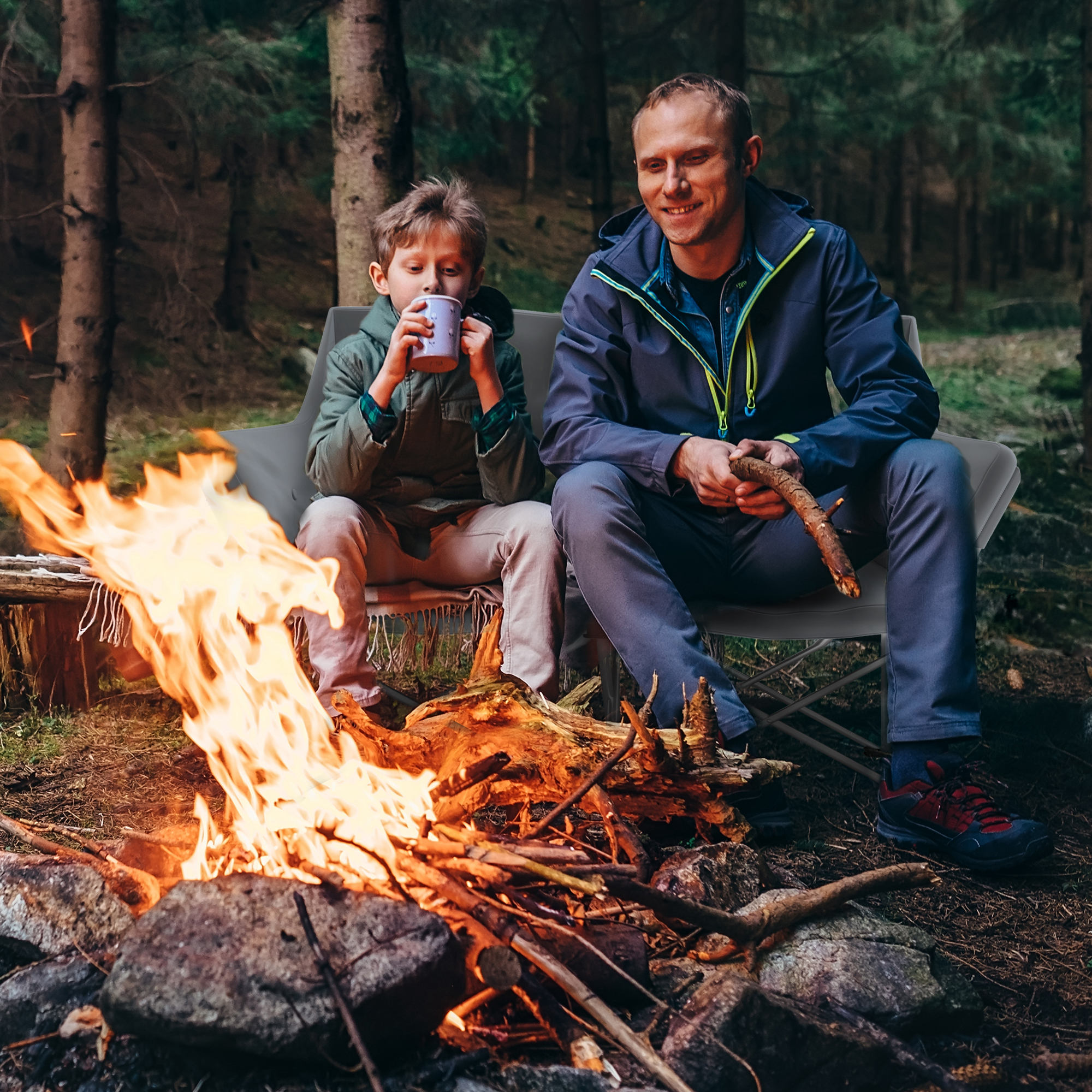 Faltstuhl 2 Sitzer faltbar Campingstuhl mit Armlehnen Seitentasche bis 240kg belastbar Grau