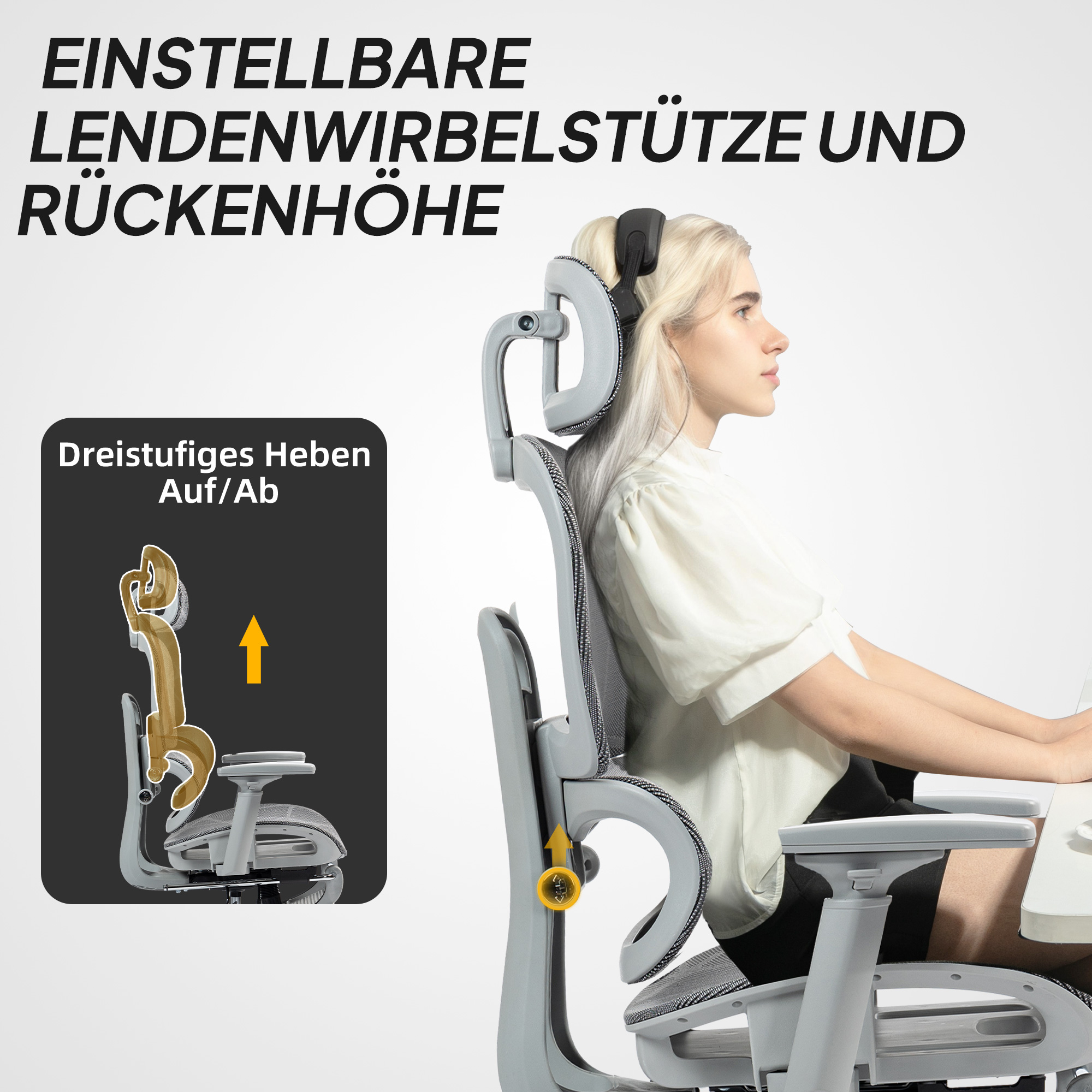 Bürostuhl, Ergonomischer Schreibtischstuhl mit Netzstoffbezug, verstellbar, rollbar, mit Armlehnen, Kopfstütze, Grau