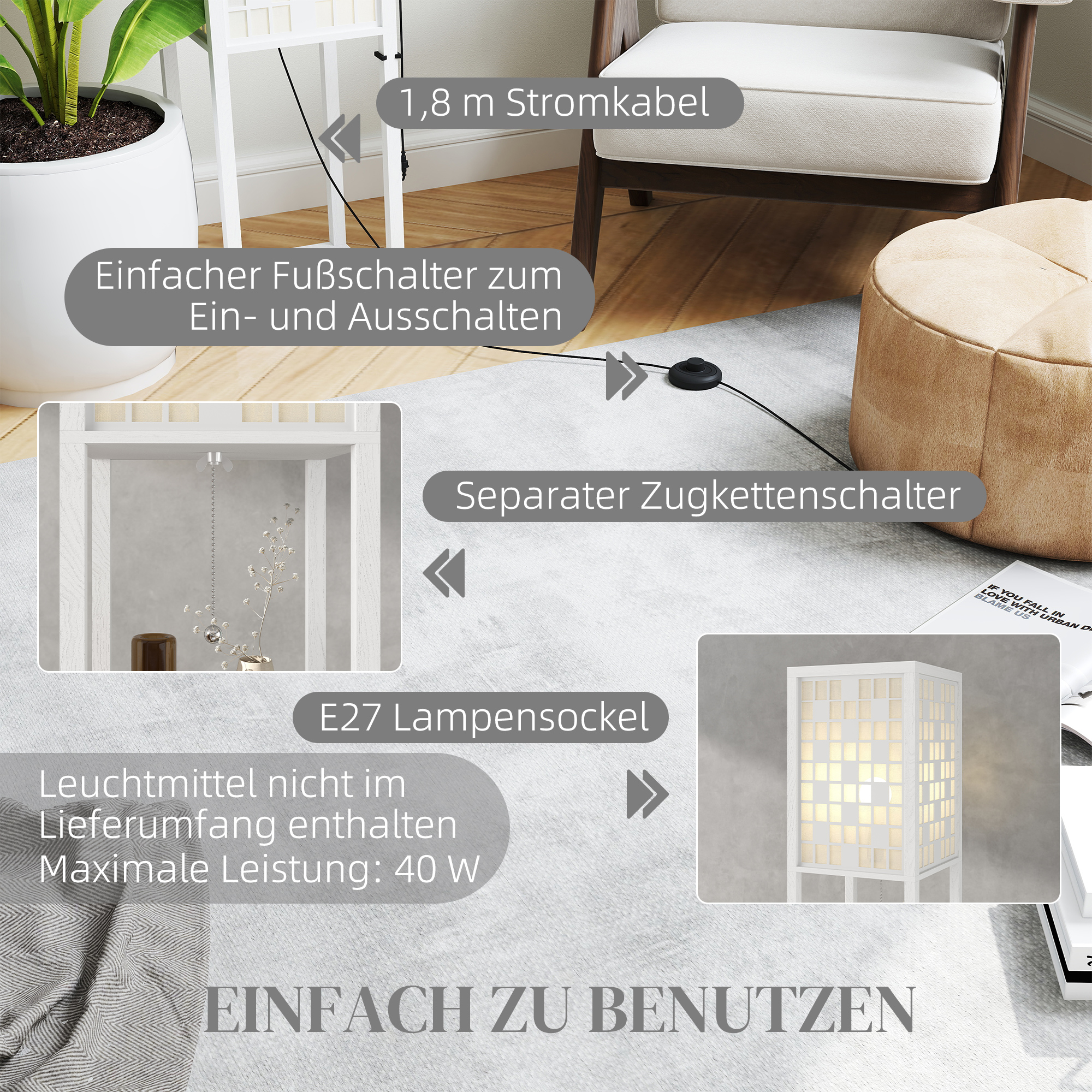 Stehlampe, Gittermuster, 2-Ebenen-Regale, für verschiedene Glühbirnen, Weiß