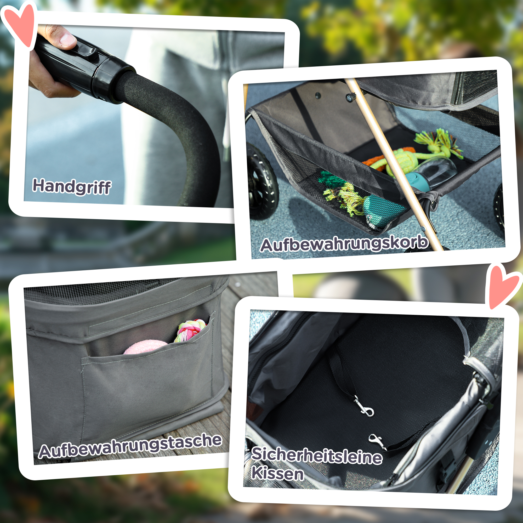3-in-1-Haustierkinderwagen, zusammenklappbarer Hundewagen mit 4 Rädern und abnehmbarer Trage für Hunde und Katzen, Grau