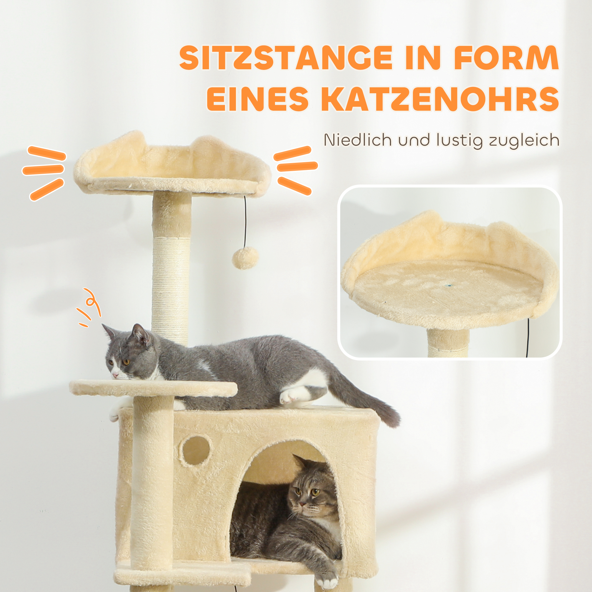 Kratzbaum 160 cm Katzenturm mit Hängematte, Leiter, Höhle, 2 Plüschballen, Sisalstämme, 48 x 48 x 160 cm, Beige