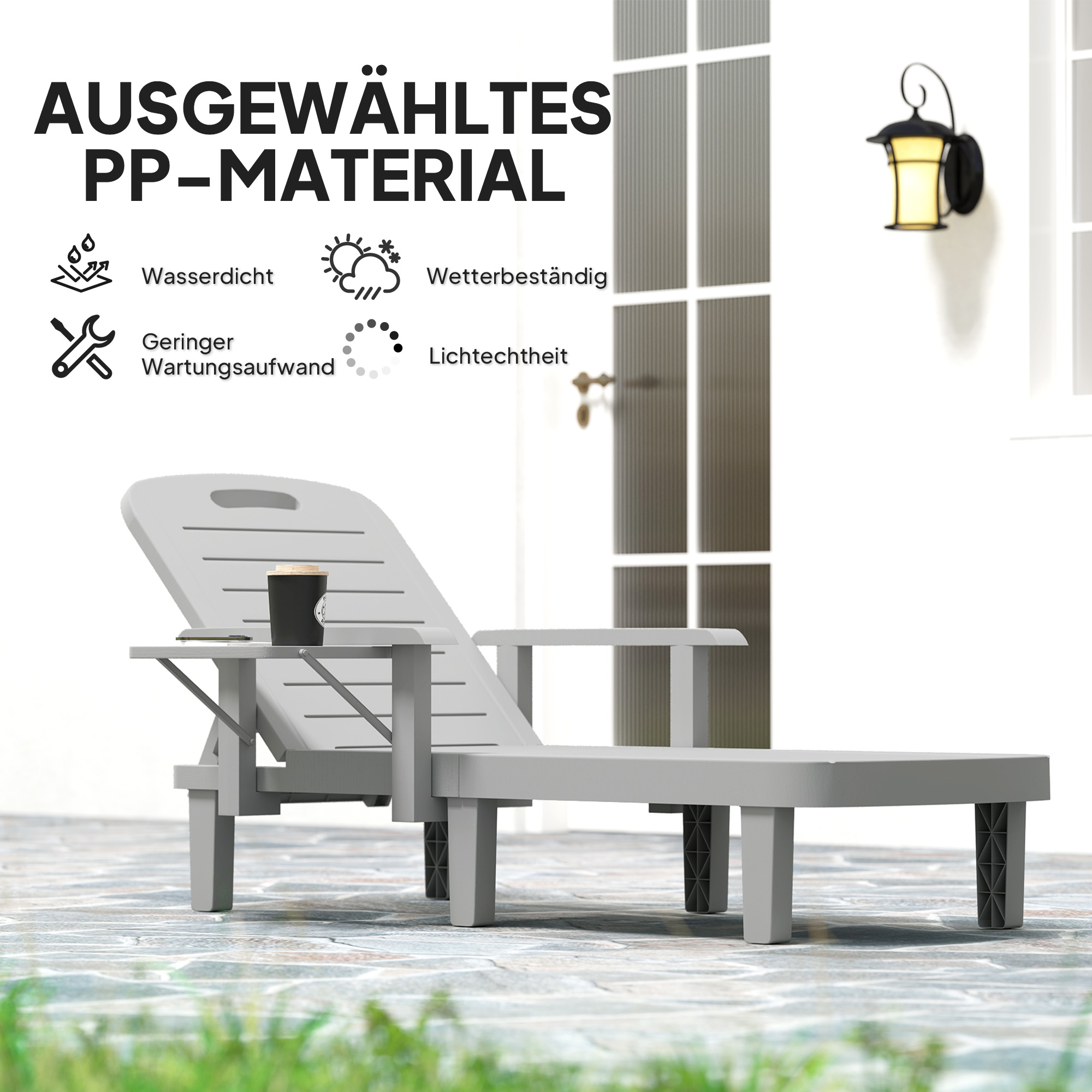 Sonnenliege Gartenliege mit Seitentisch Holzoptik Liegestuhl mit 5-Fach verstellbare Rückenlehne Hellgrau