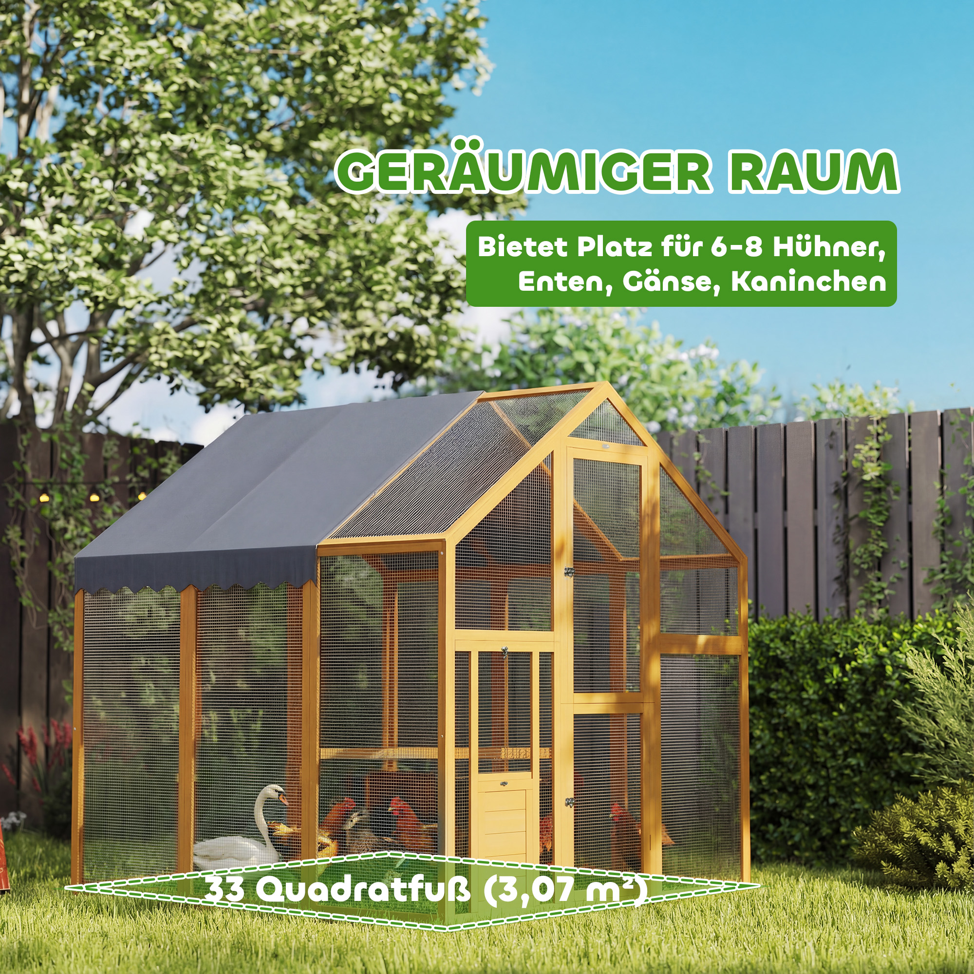 Hühnerstall 3,07? Freilaufgehege Holz mit wasserdichtem Tuch, Sicherheitsschloss, für 6-8 Hühner 1,7 x 1,8 x 1,8 m
