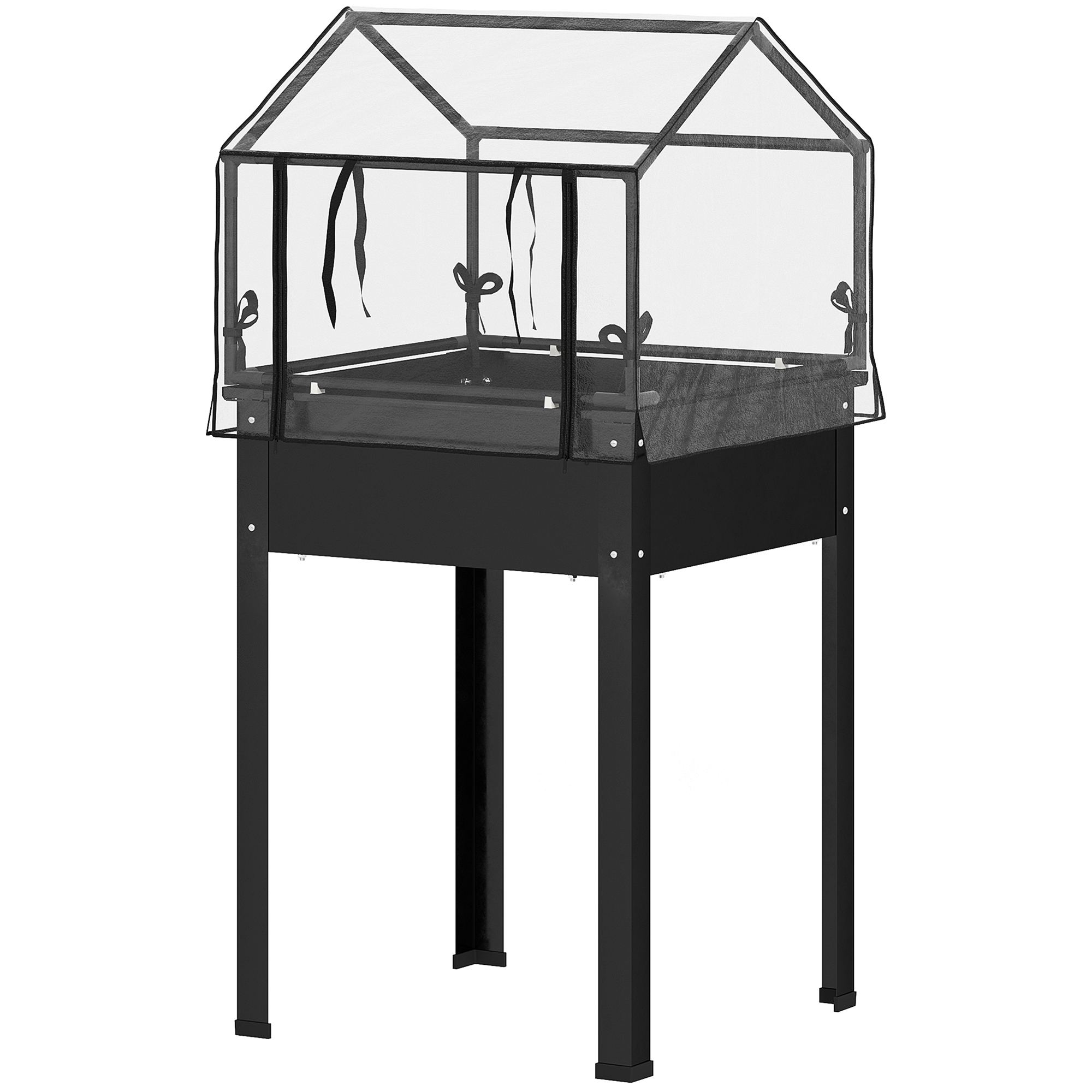 Hochbeet mit Gewächshaus-Dach, Erhöhte Pflanzenbox mit Ablauflöchern, 60 x 60 x 120 cm, Schwarz