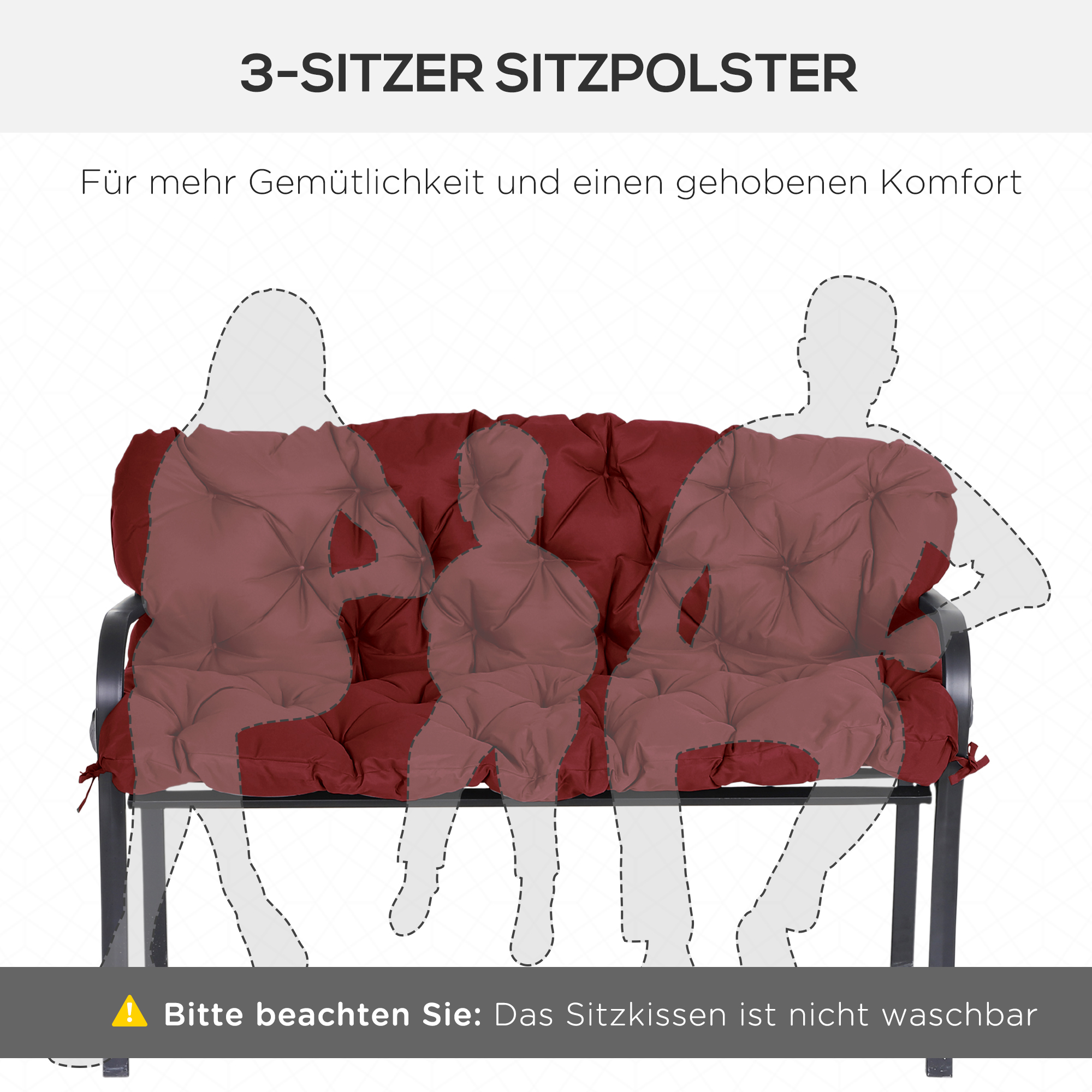 Sitzpolster für Bänke, Bankpolster mit Befestigungsbändern, für bis zu 3 Personen, Schaumstoff-Füllung, Sitzpolste
