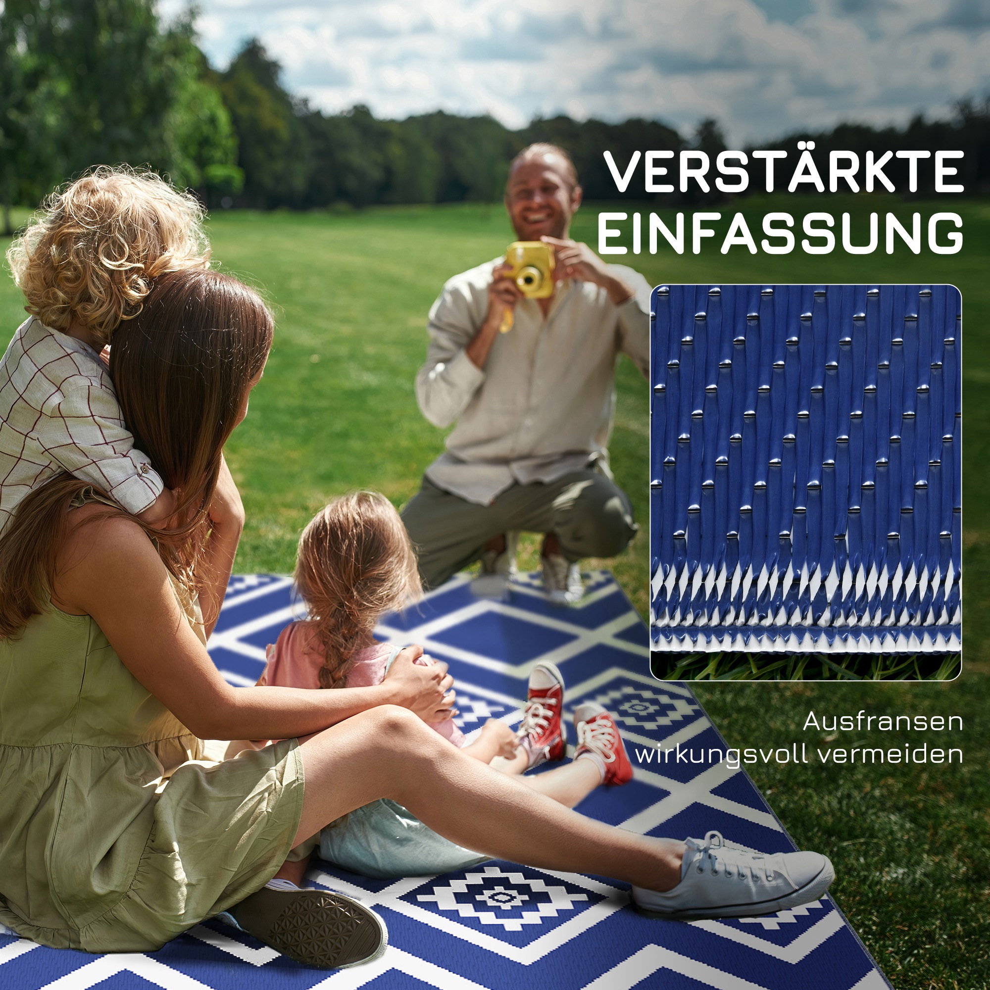 Outdoorteppich Terrassenteppich, wetterbeständig, modernes Design, 182 cm x 274 cm x 0,3 cm, Blau + Weiß