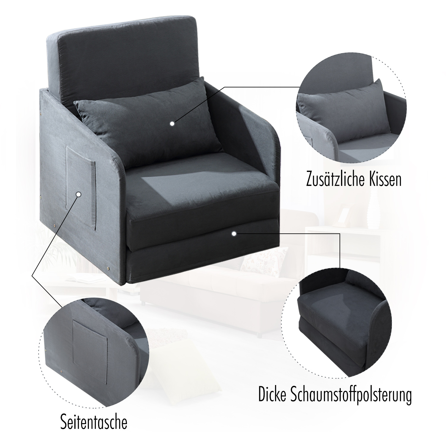 Schlafsofa Sofabett Einzelsofa Waschbarer Bezug 2 Seitentaschen Kissen Metall Grau 70 x 76 x 77 cm