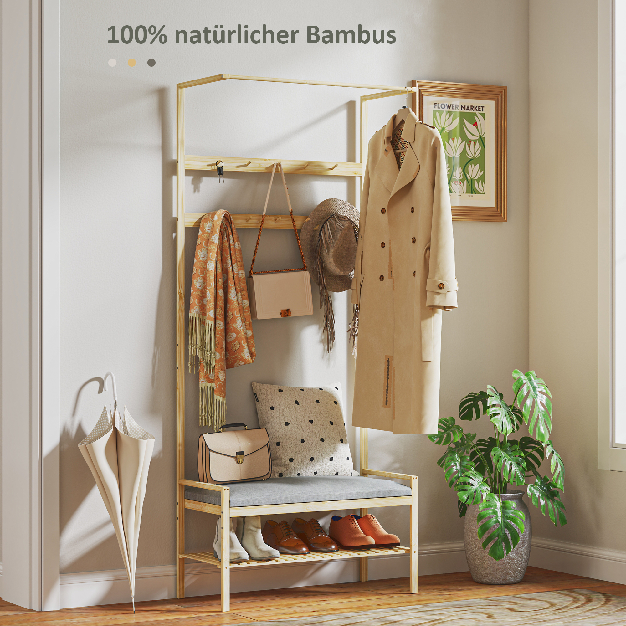 Garderobe mit Schuhbank, Kleiderstange, 10 Kleiderhaken, Schuhablage, Bambus