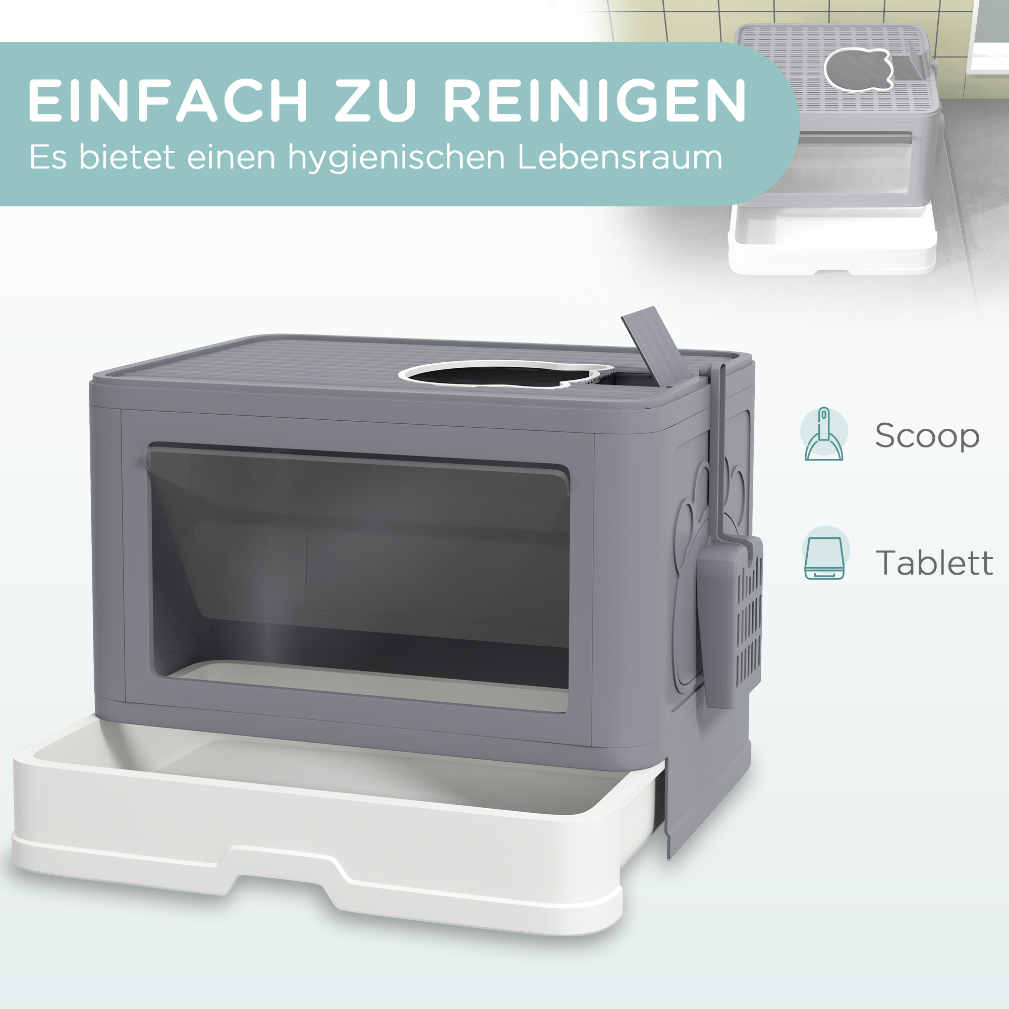 Katzentoilette Katzenklo Katzentoillete mit Abdeckung, 2 Ausgänge, 48,5 x 38 x 36,5 cm, Grau + Weiß