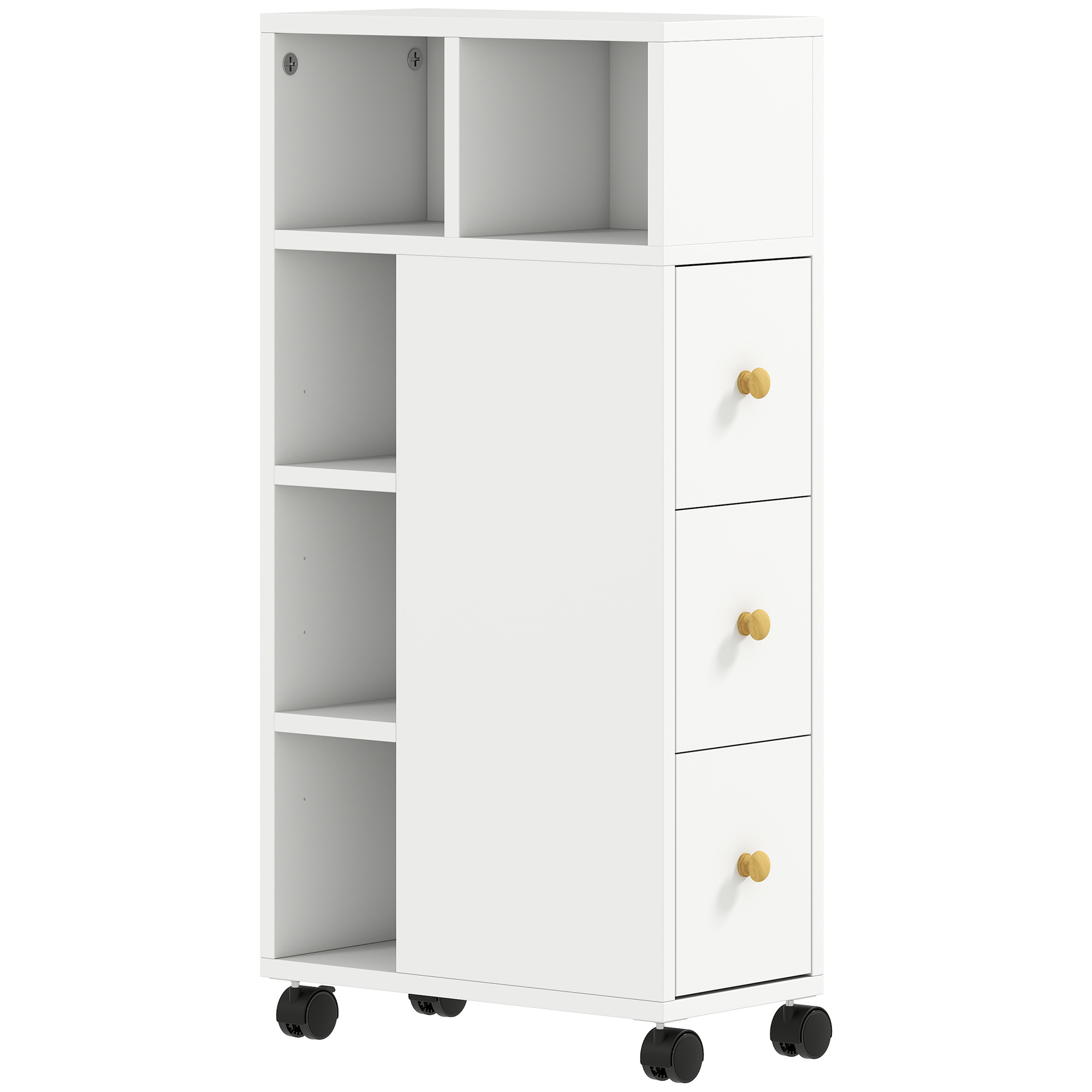 Badezimmerschrank Schmal, Badschrank mit 4 Rollen, 3 Schubladen, 5 offenen Fächern, 20x40x80cm, Weiß