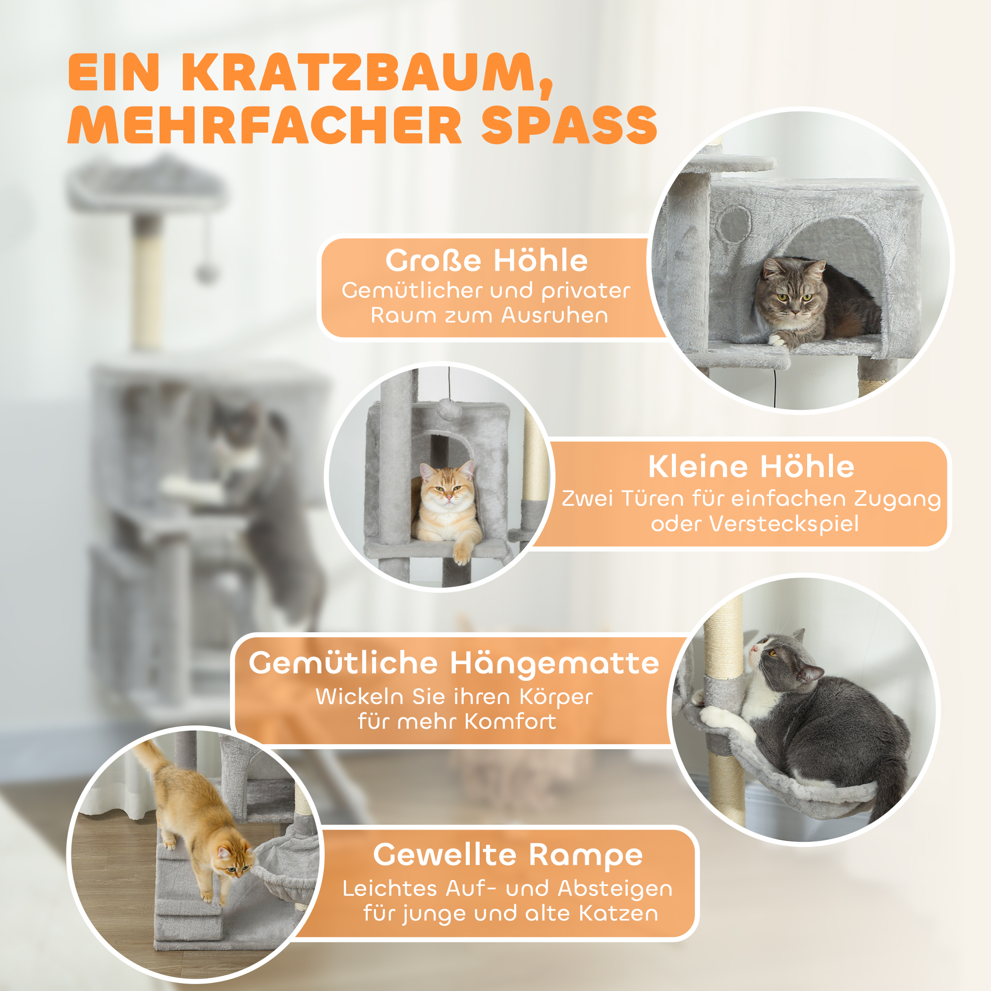 140 cm Katzenkratzbaum, mehrere Ebenen, Sisal-Kratzpfosten, Höhlen, Plüsch-Plattformen, Hängematte, Leiter, Spielbälle