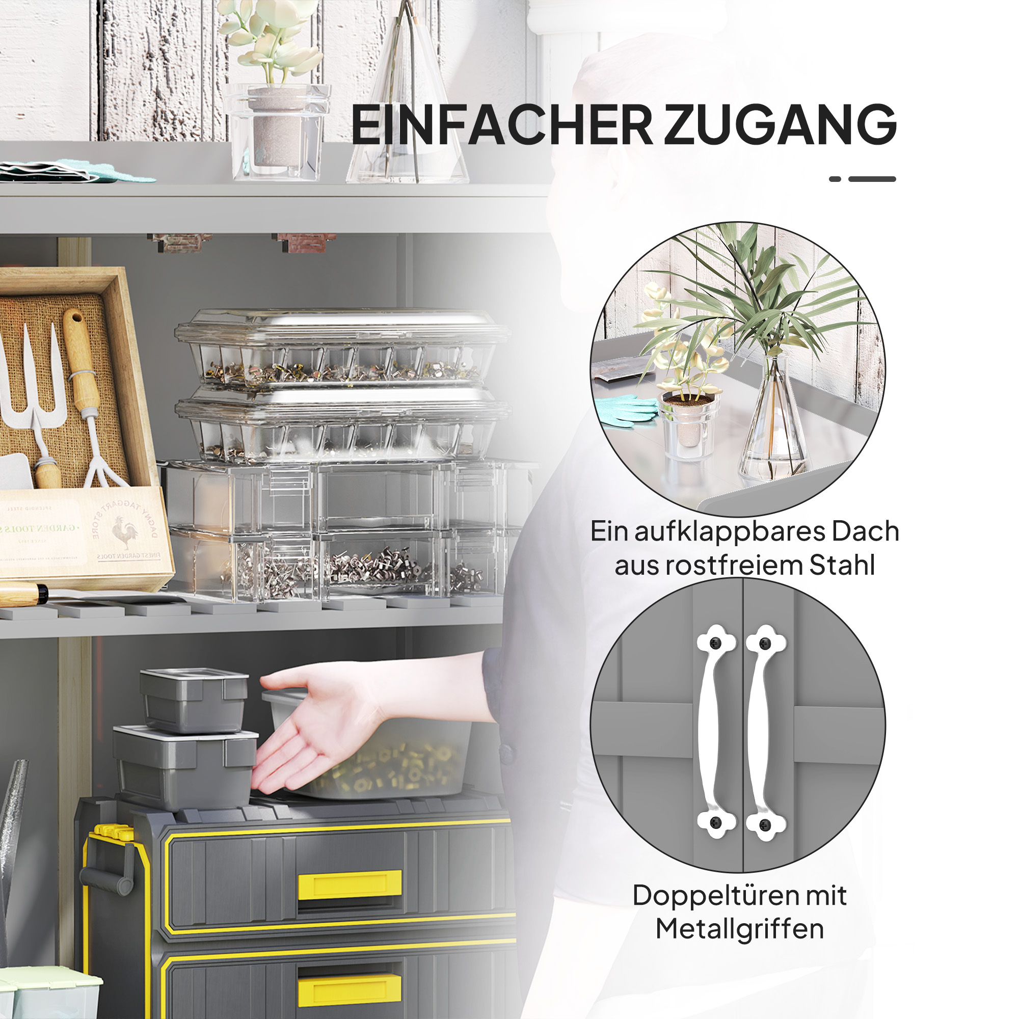 Gartenschrank, Werkzeugschrank für den Außenbereich, mit Arbeitsfläche, Holz und Edelstahl, Doppeltüren, Grau