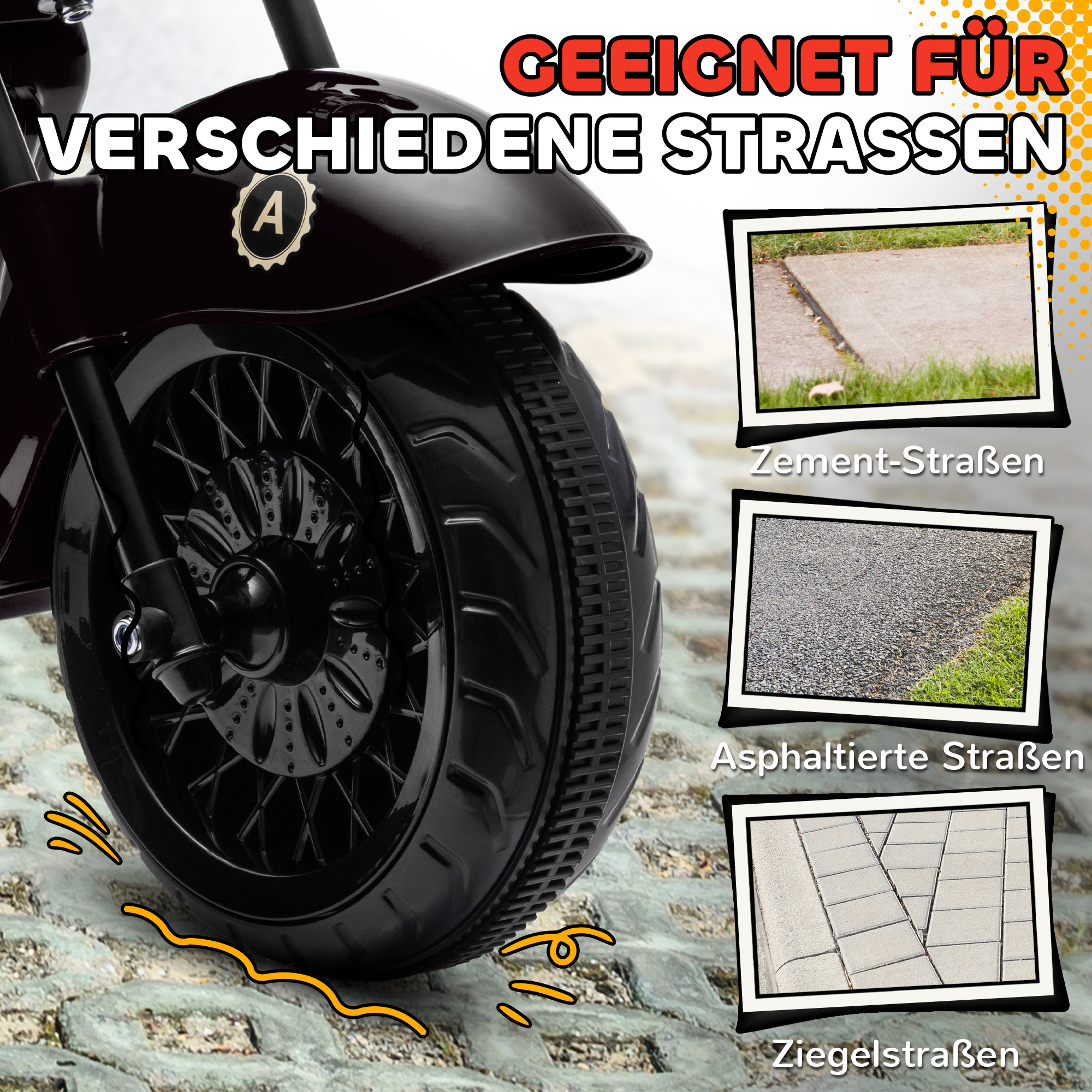 Elektro-Kindermotorrad, 3-5 km/h, Chopper, Licht & Musik, für Kinder 3-6 Jahre, Schwarz