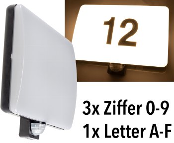 LED Wandleuchte "PADAR" mit PIR-Sensor, IP65, 20W, mit Hausnummer & Buchstaben LED Wandleuchte "PADAR" mit PIR-Sensor, IP65, 20W, mit Hausnummer & Buchstaben