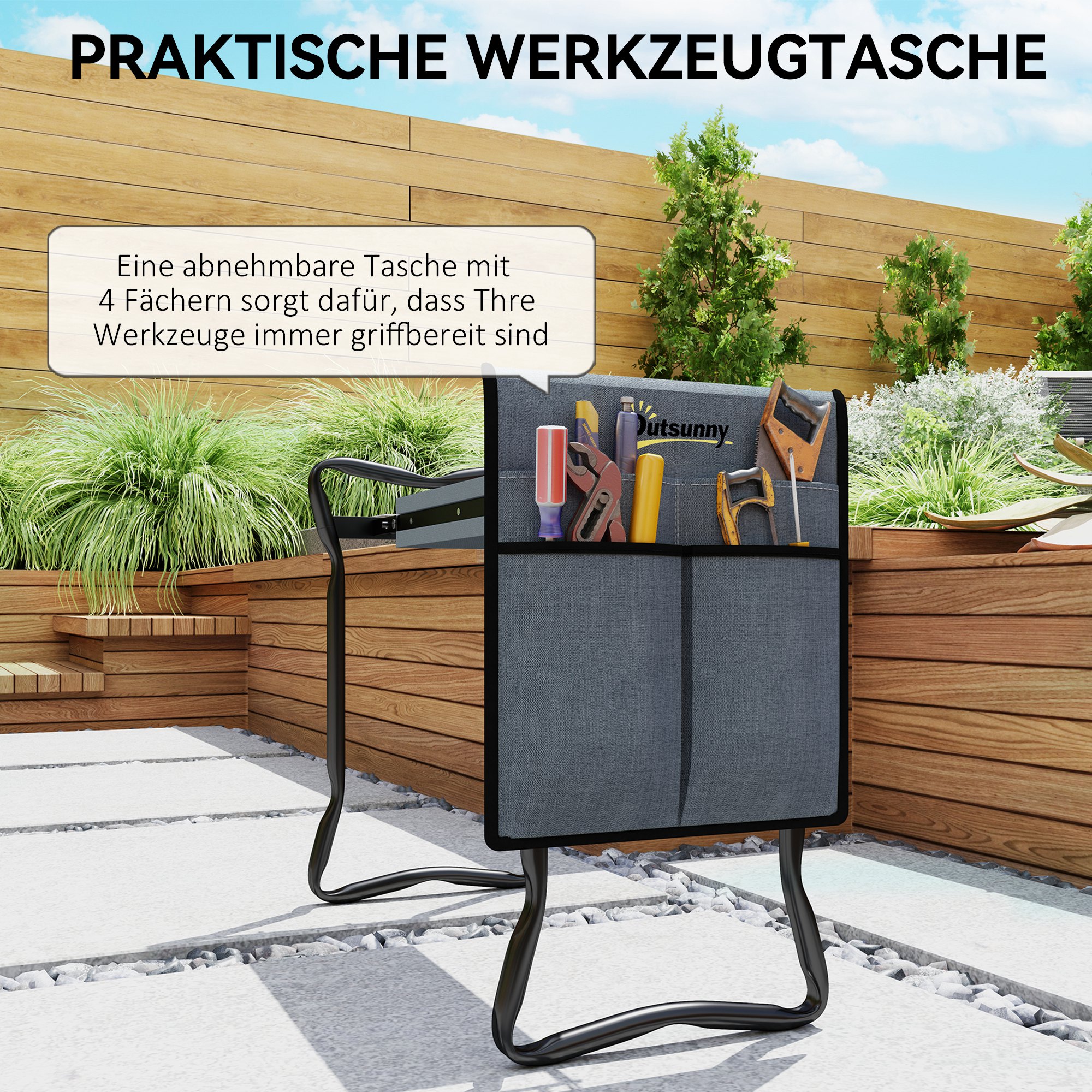 Kniebank für Gartenarbeit klappbar Gartenhocker mit Kniekissen Werkzeugtaschen bis 150 kg 58 x 28 x 49cm Grau
