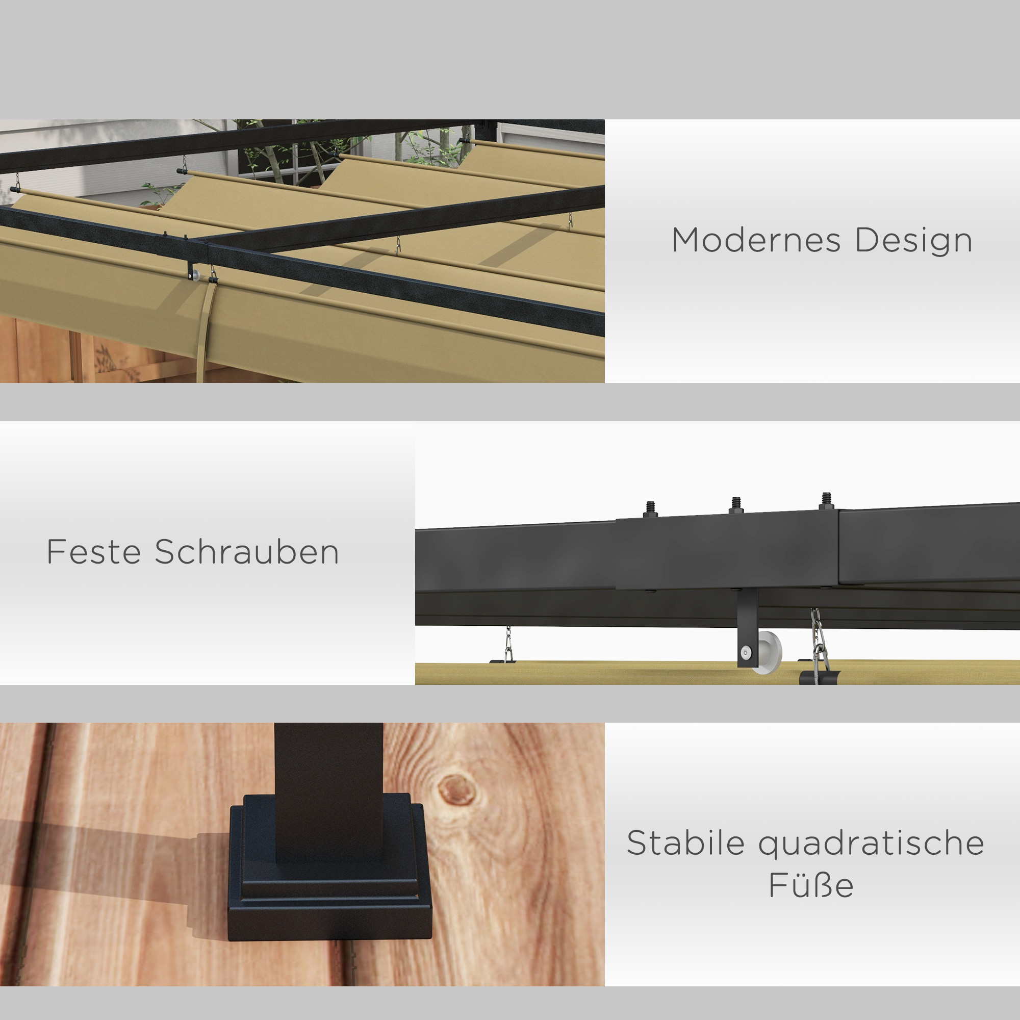 Pergola, Robuster Sonnenschutz für Garten, Balkon, Terrasse, aus Metall und Kunststoff, UV- und wasserabweisend, Khaki