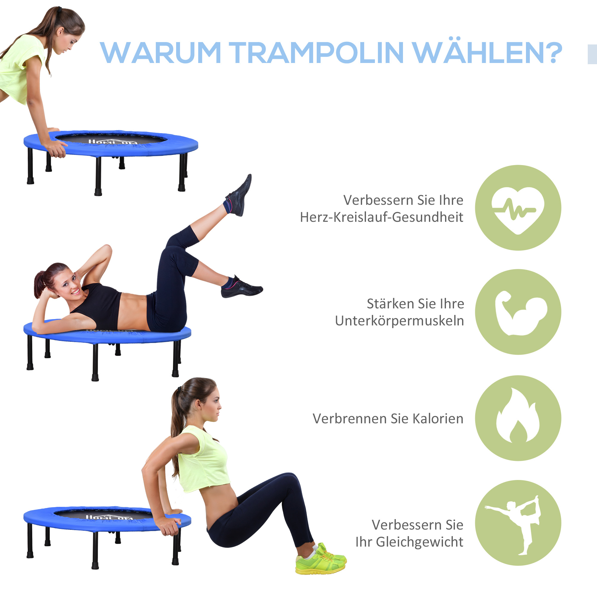 itness Trampolin Ø91 cm Mini Trampoline mit rutschfesten Füßen 100kg Belastbar Ø91 x 22,5H cm Schwarz+Blau