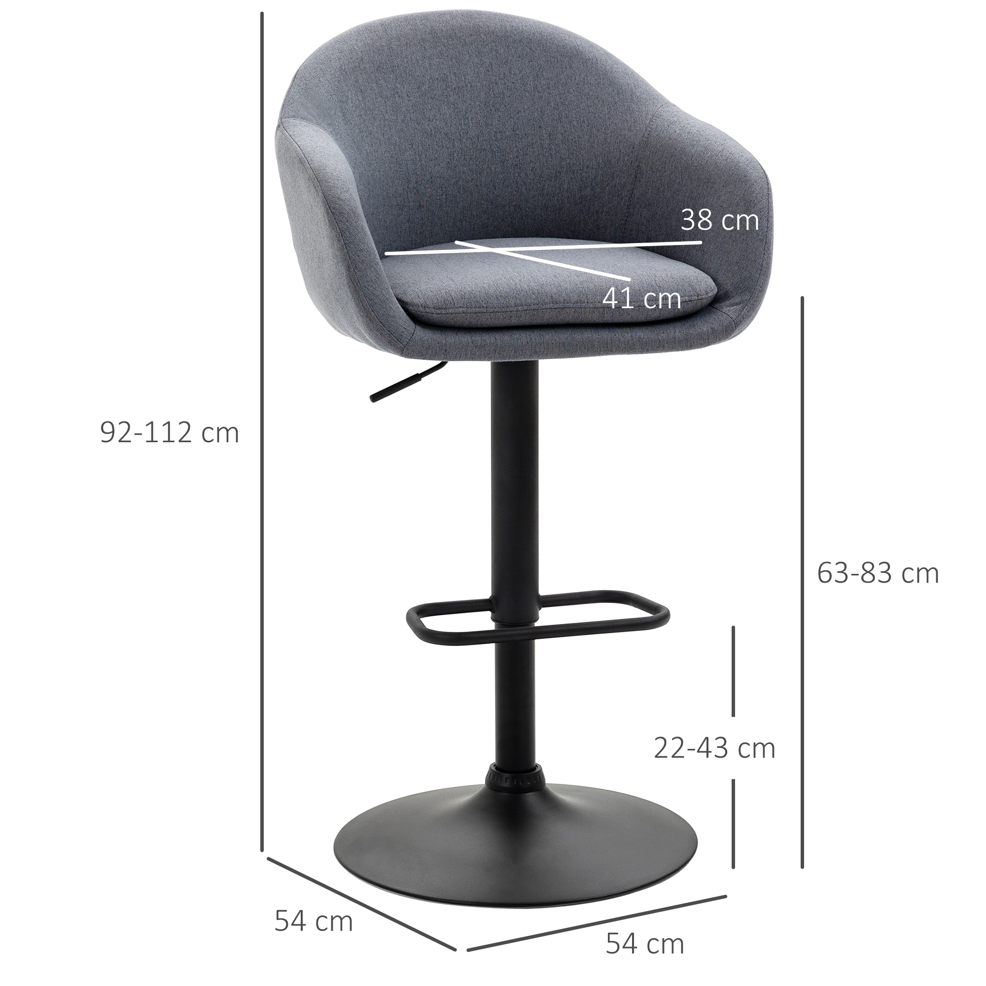 Barhocker höhenverstellbar mit Lehne und mit Fußstütze; Leinenoptik, 54 cm x 54 cm x 112 cm, Grau