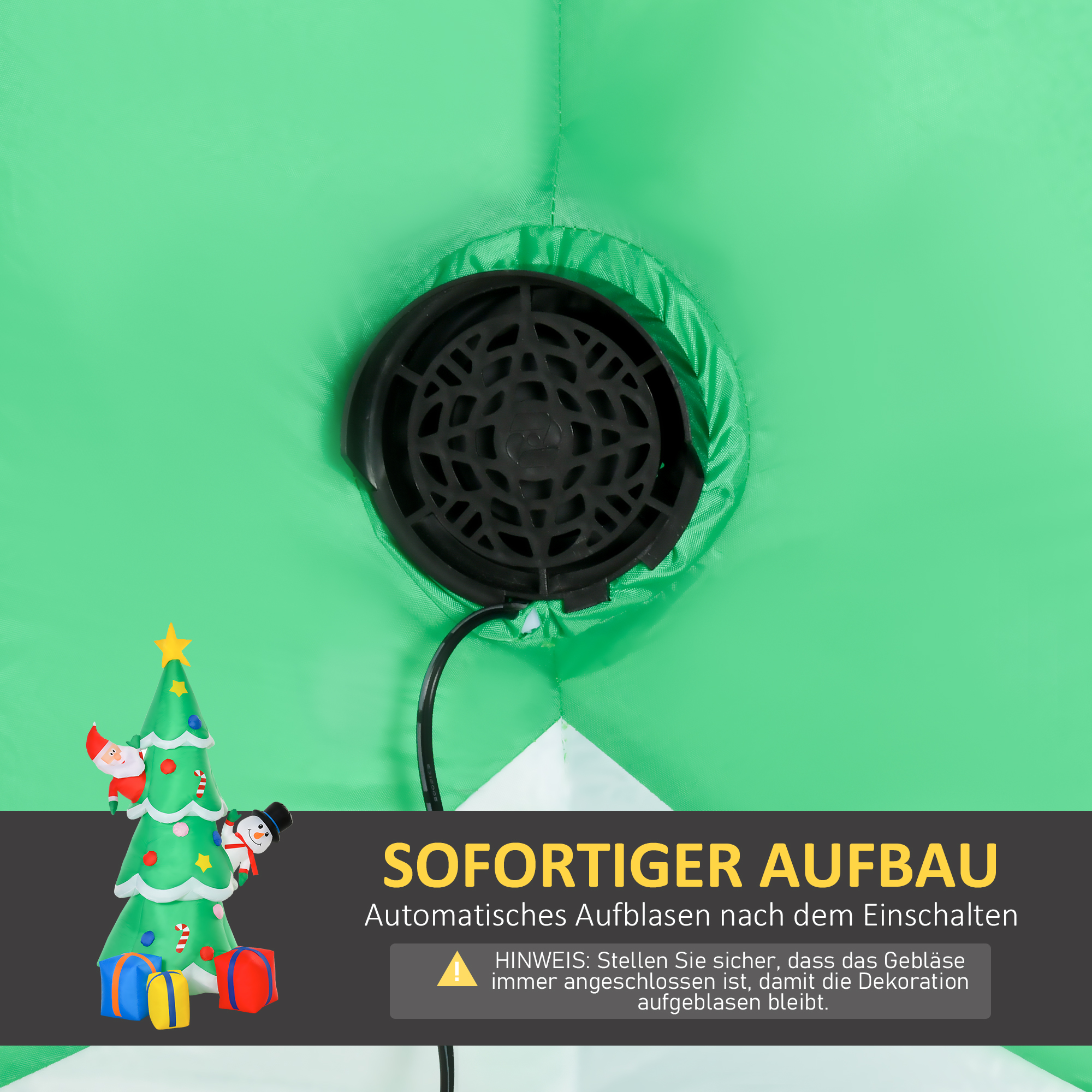 Aufblasbarer Weihnachtsbaum mit Weihnachtsmann Schneemann und Geschenkbox 210 cm Weihnachtsbeleuchtung LED Selbstaufblasend Polyester Grün 144 x 125 x 210 cm