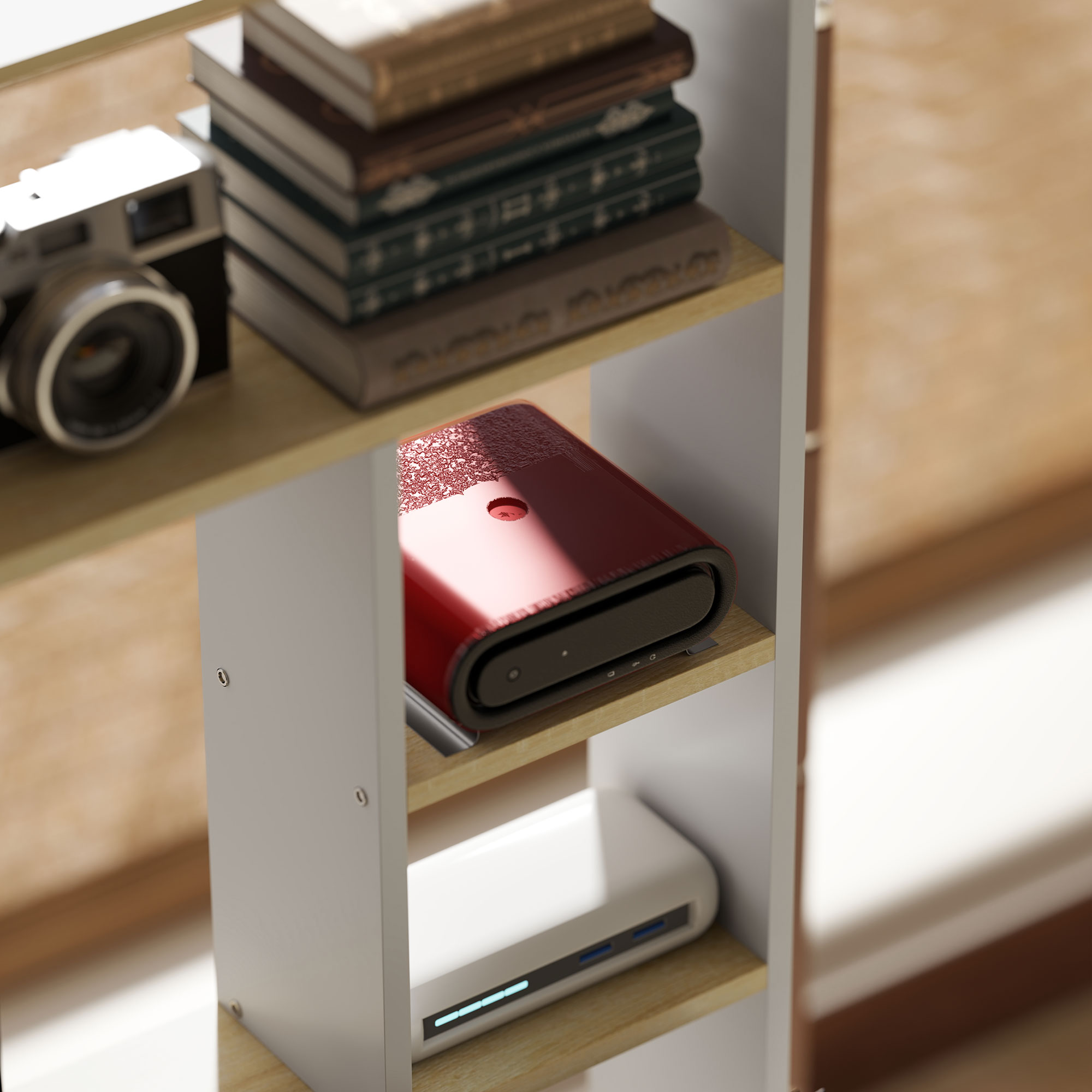 Computertisch, Schreibtisch mit offenen Regalen und Ablagefächern, aus Stahl, Hellbraun+Weiß