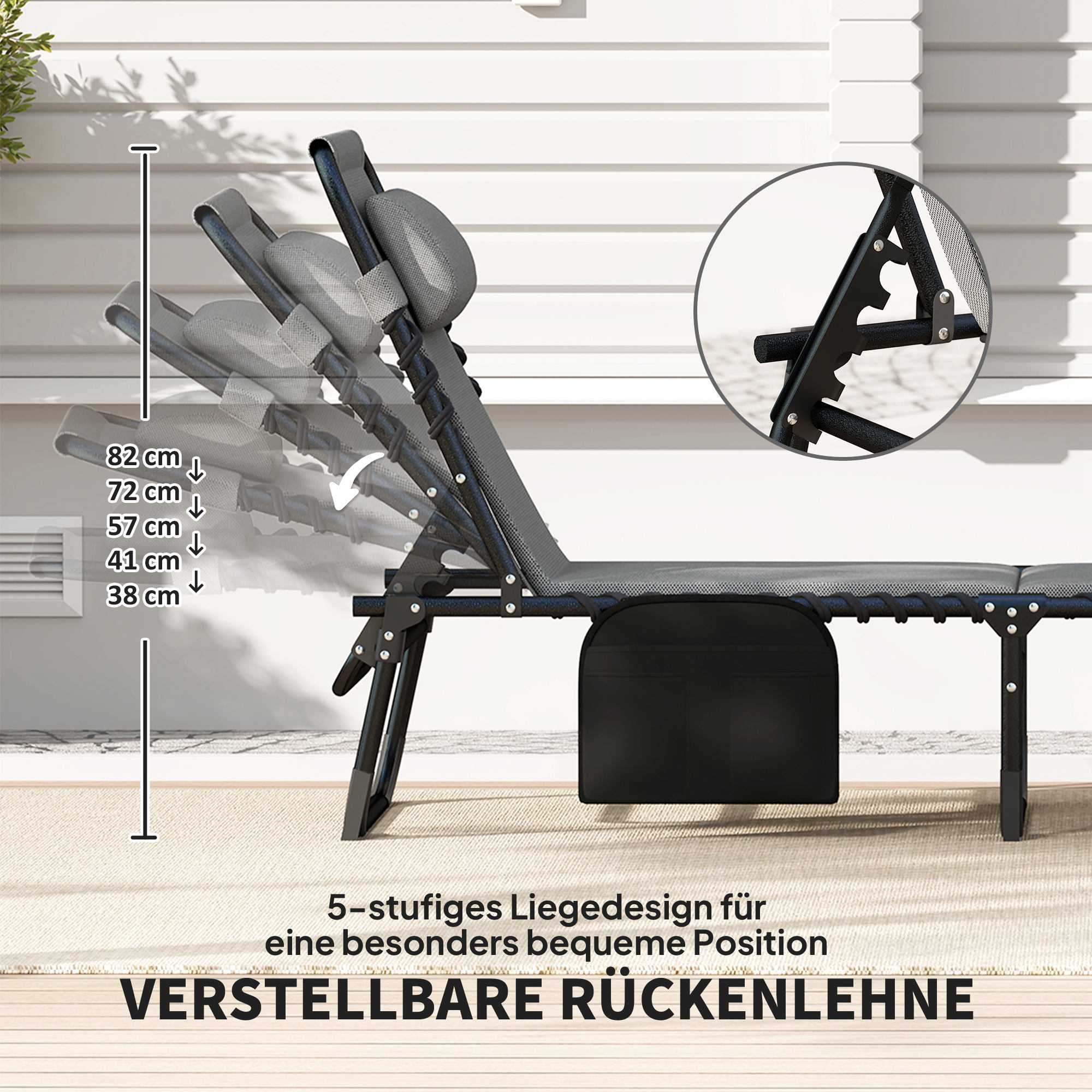 Liegestuhl, Sonnenliege mit Polsterung und Seitentasche, Gartenliege, Pool-Liege, Polsterliege, Grau