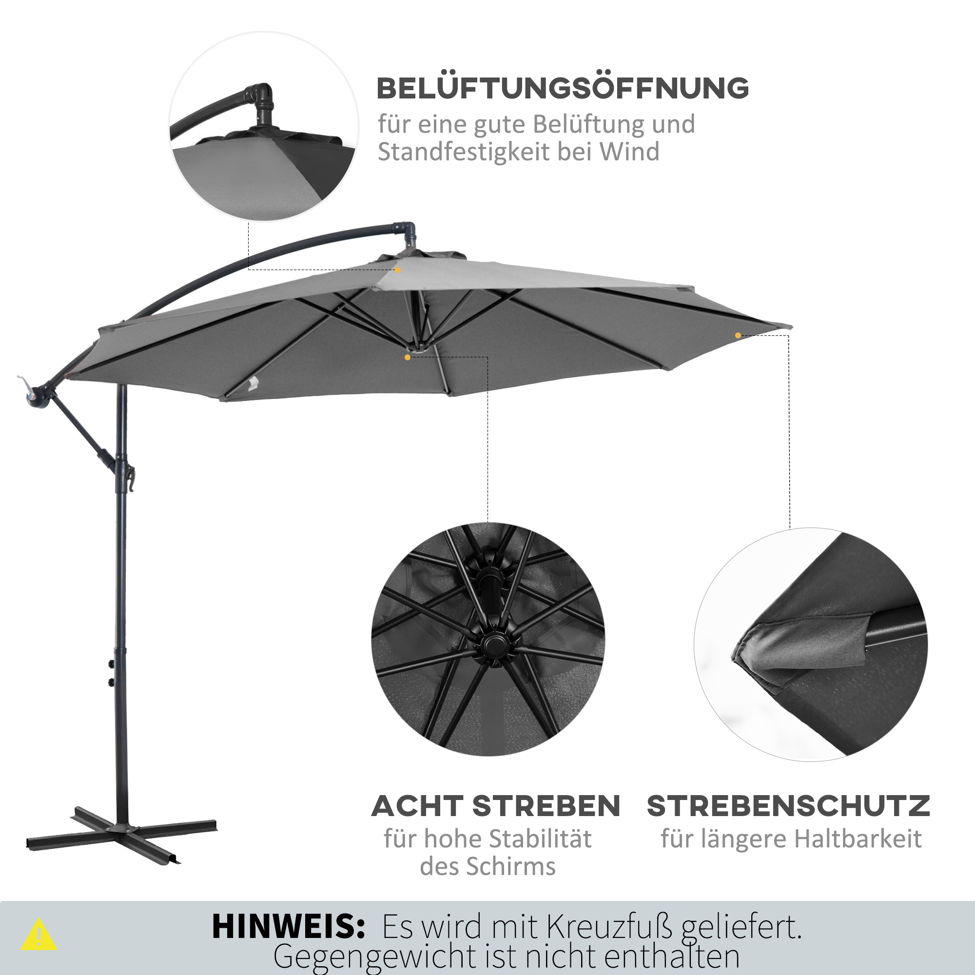 Sonnenschirm mit Handkurbel Wetterbeständig  2,95 m x 2,95 m x 2,45 m Polyester Stahl Schwarz