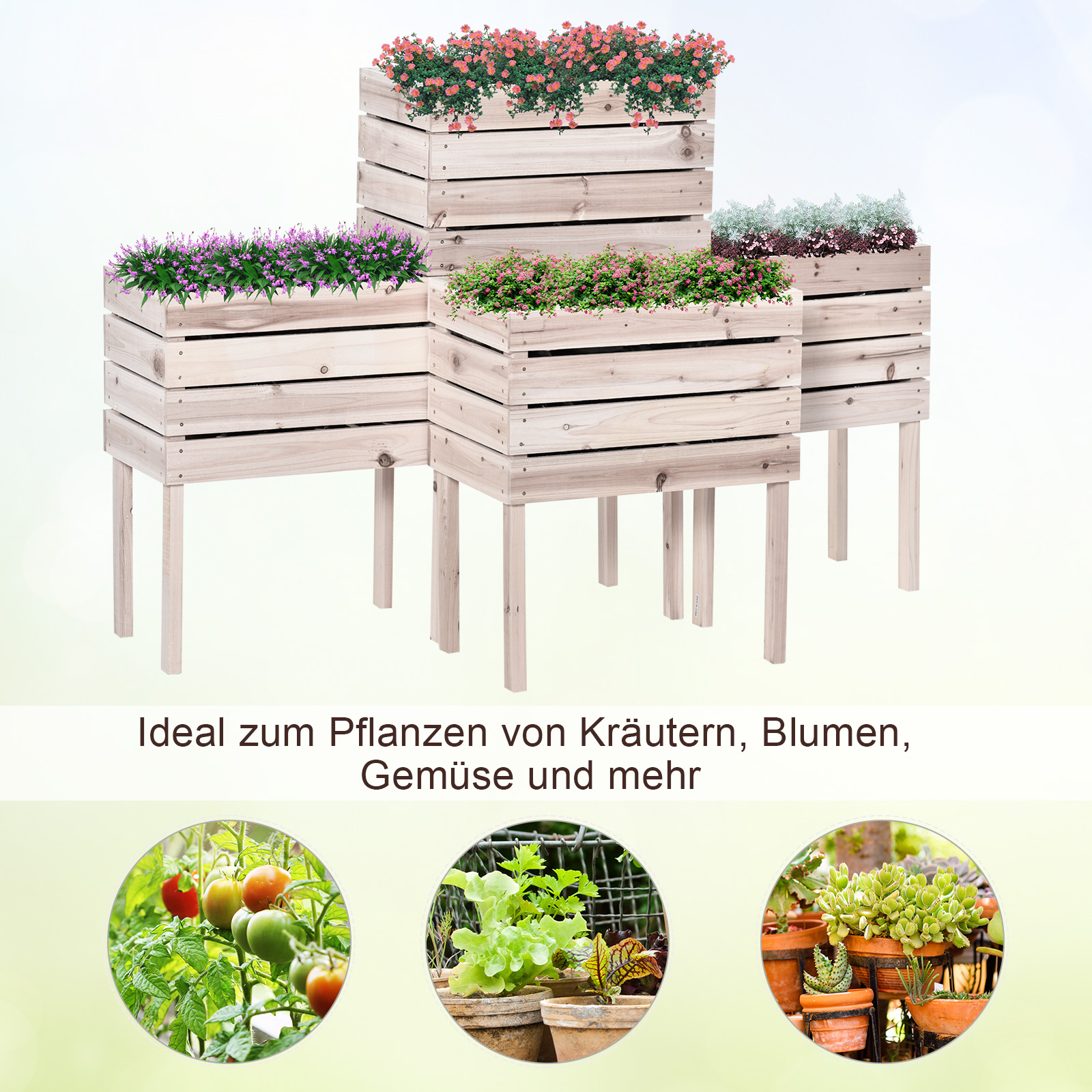 Hochbeet Blumenkasten Pflanzenkasten, wetterbeständig, Massivholz, 50 cm x 30 cm x 60 cm, Natur